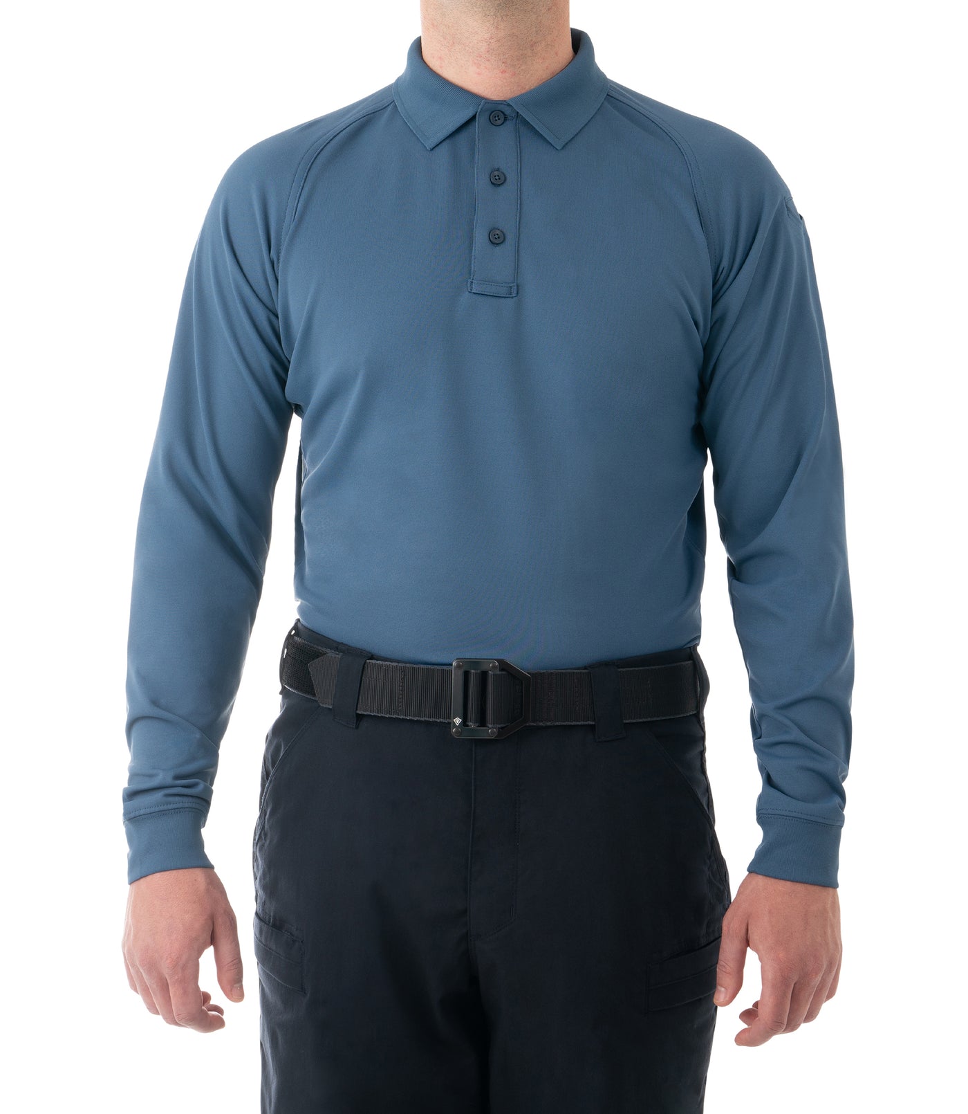 Front of Men's Performance Long Sleeve Polo in French Blue