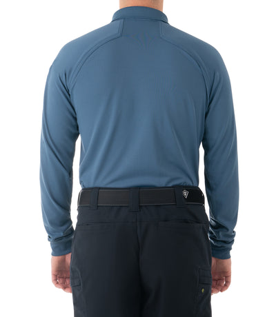 Back of Men's Performance Long Sleeve Polo in French Blue