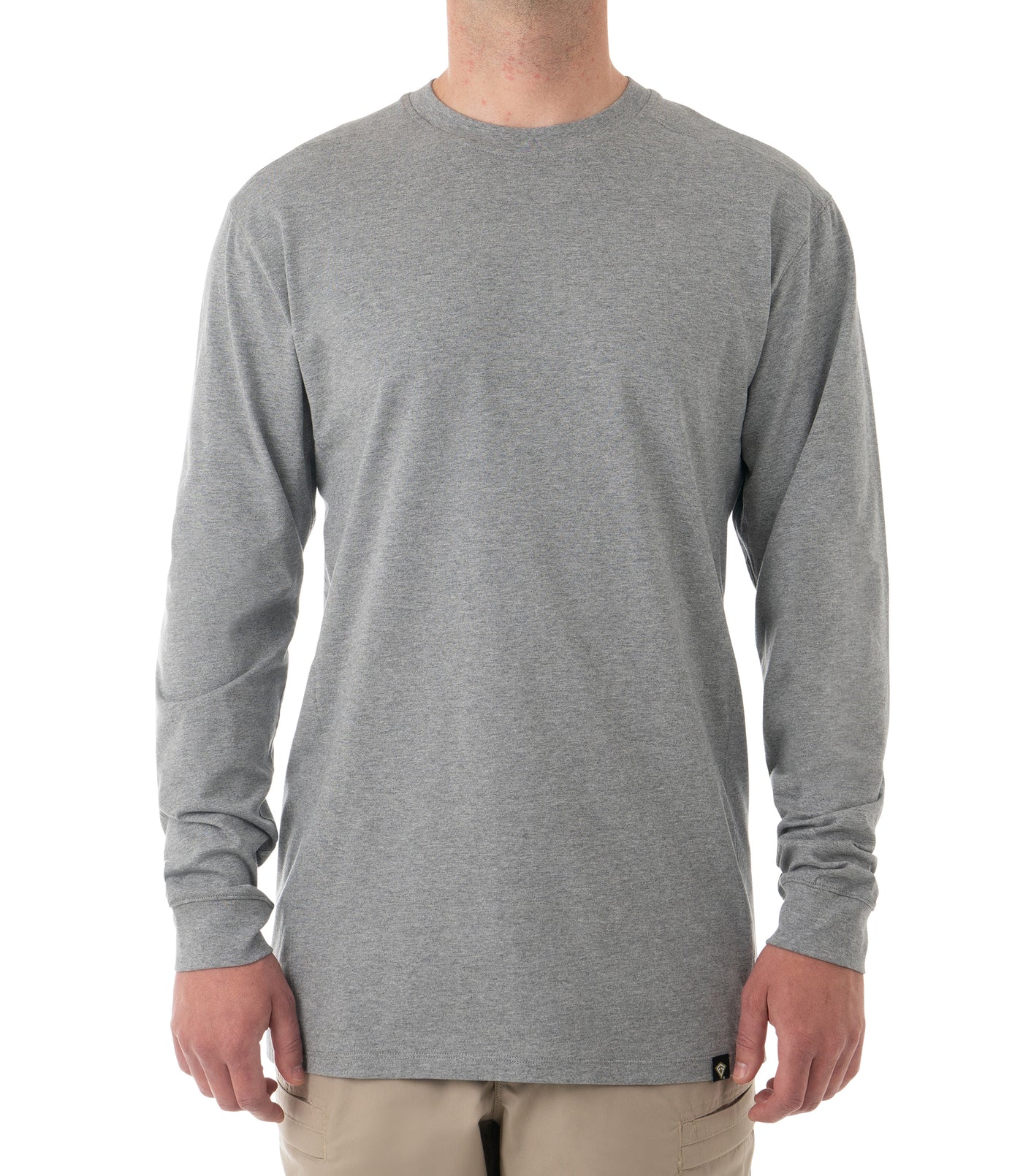 Front of Men's Tactix Series Cotton Long Sleeve T-Shirt in Heather Gray