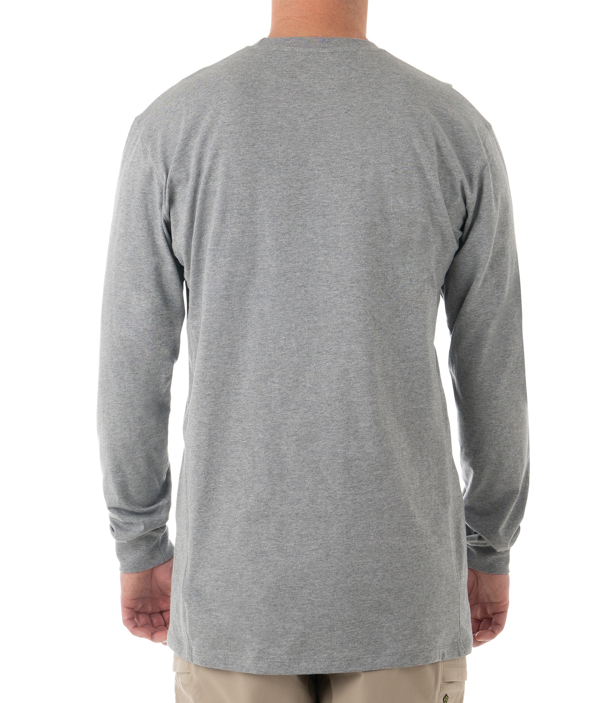 Back of Men's Tactix Series Cotton Long Sleeve T-Shirt in Heather Gray |color_heather grey