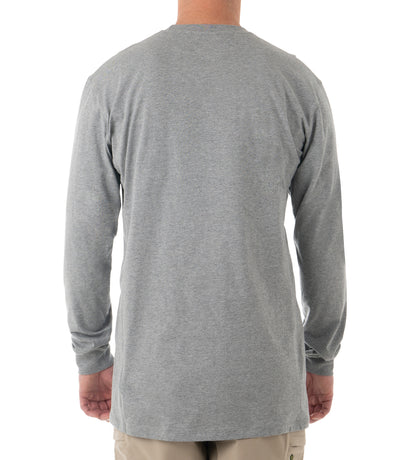 Back of Men's Tactix Series Cotton Long Sleeve T-Shirt in Heather Gray