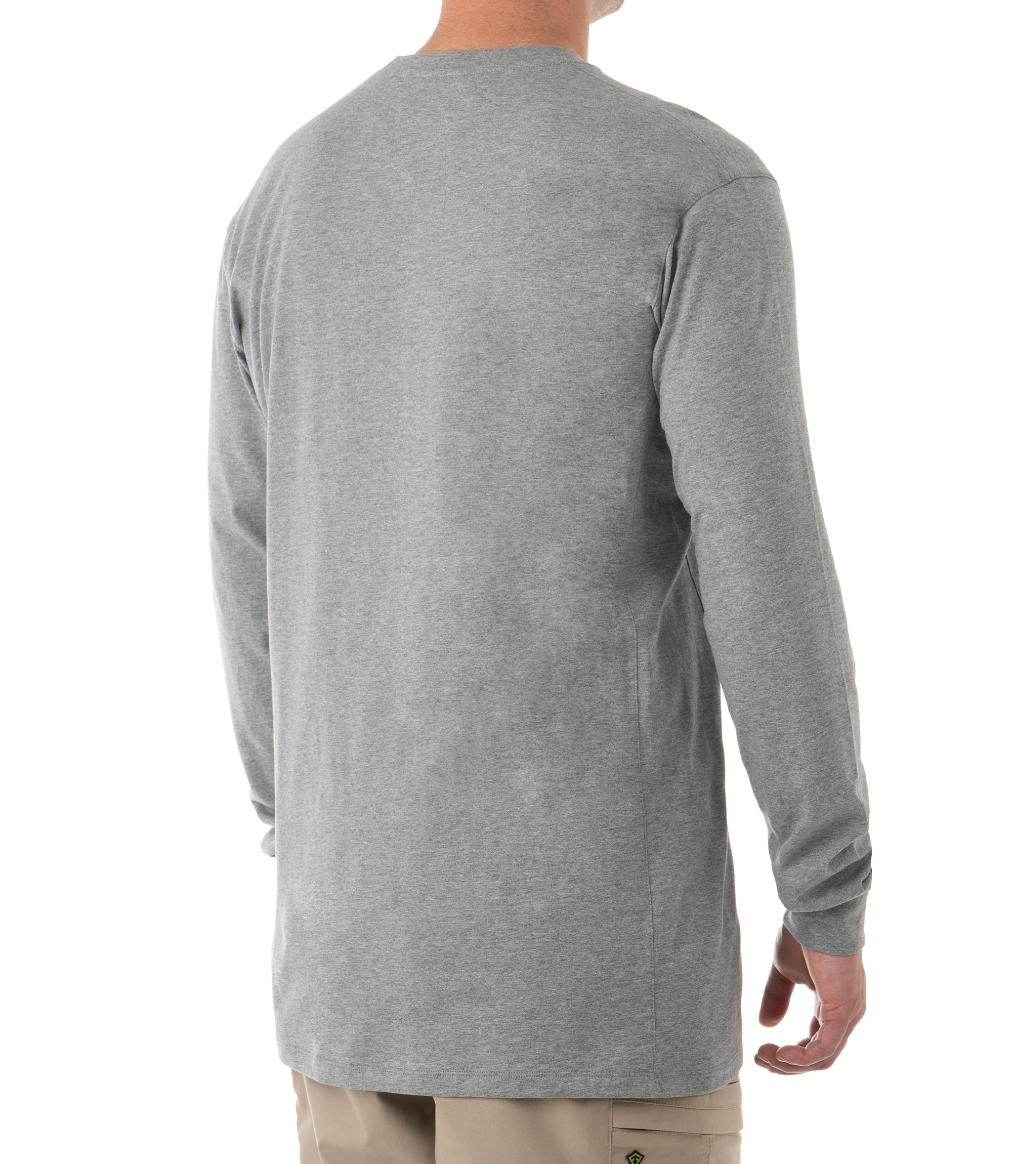 Side of Men's Tactix Series Cotton Long Sleeve T-Shirt in Heather Gray |color_heather grey