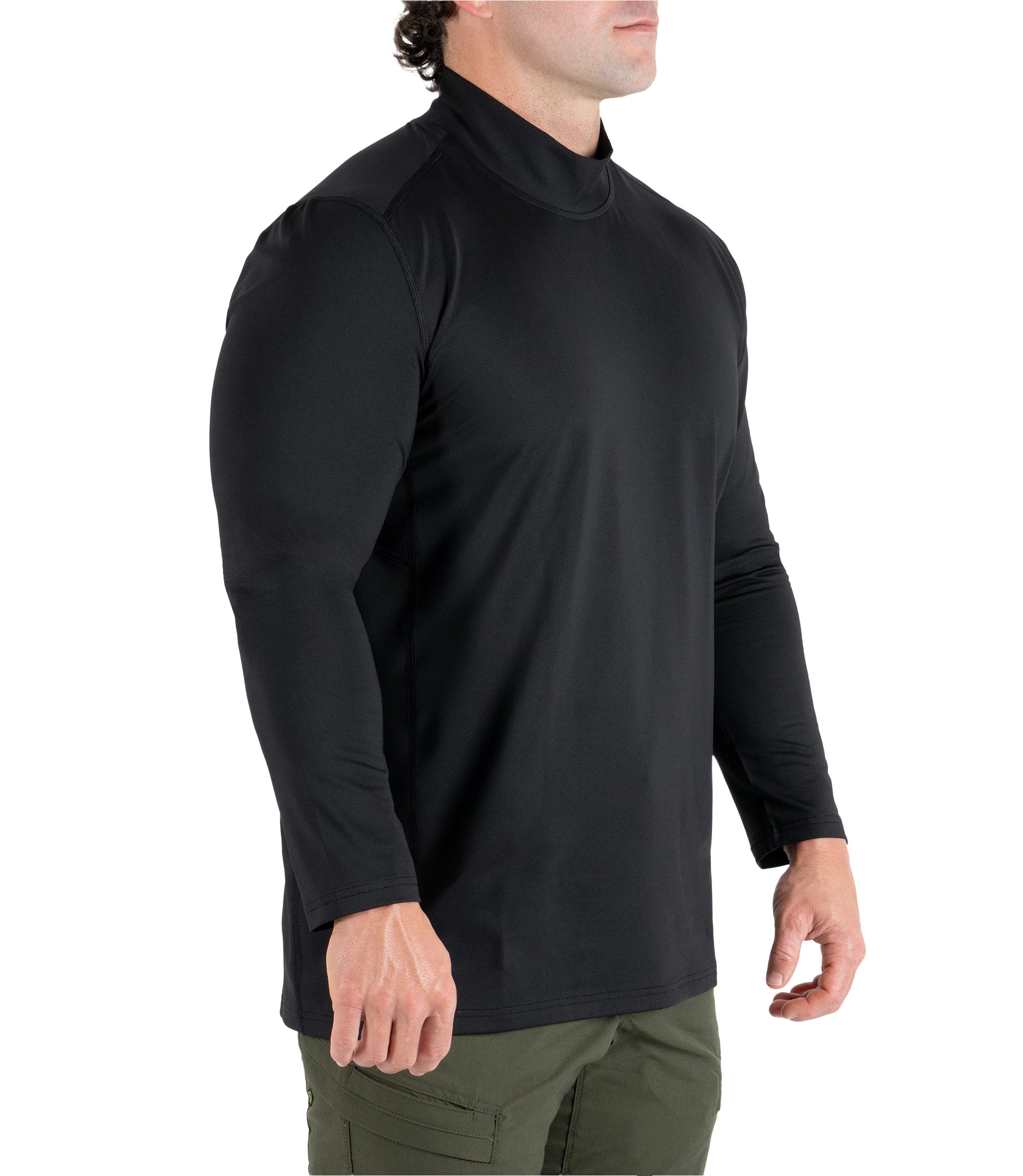 Front right side 1/4 view of the Men's Long Sleeve Mock Neck in color black|color_black