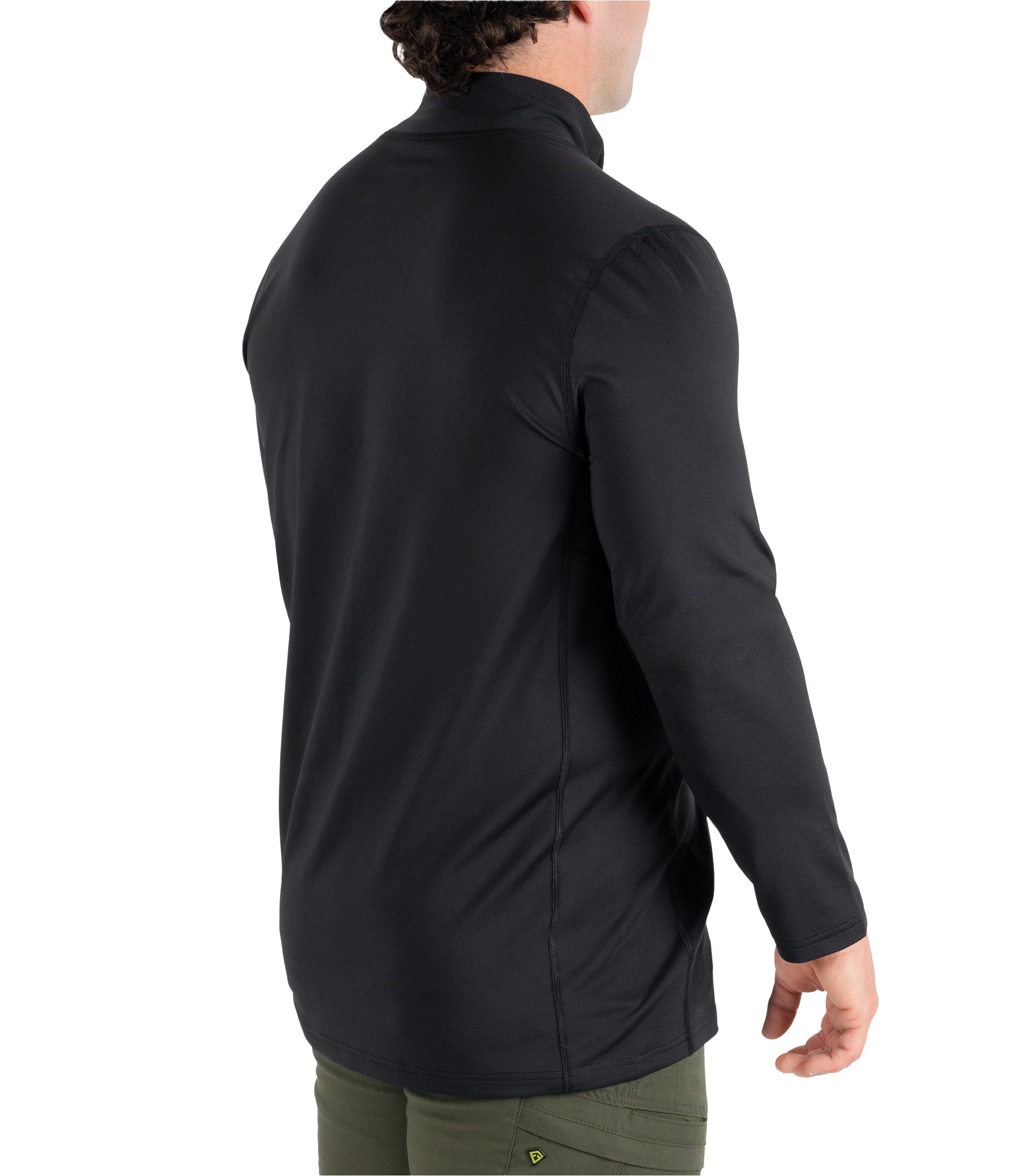 Back right side 1/4 view of the Men's Long Sleeve Mock Neck in color black|color_black