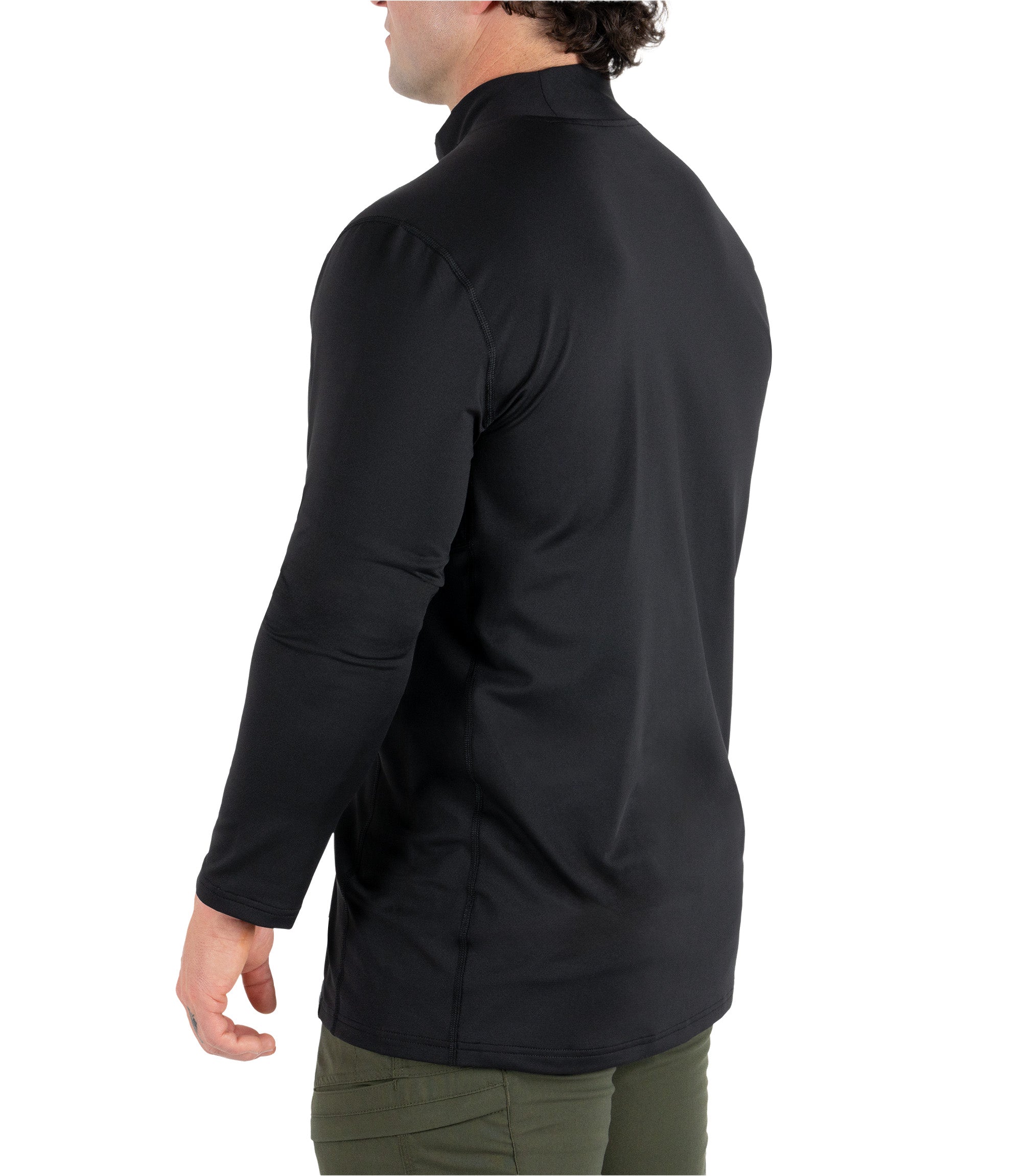 Back left side 1/4 view of the Men's Long Sleeve Mock Neck in color black|color_black