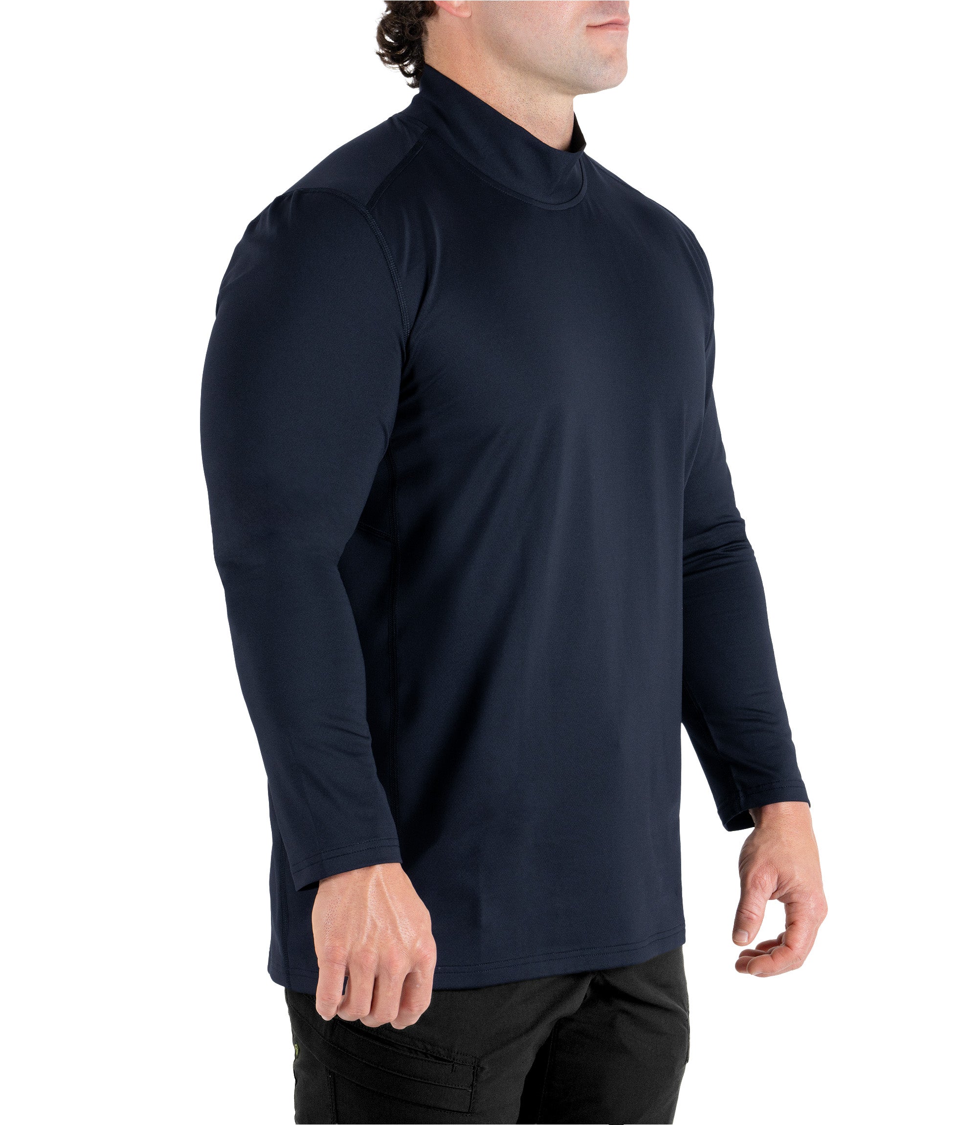 Front right side 1/4 view of the Men's Long Sleeve Mock Neck in color midnight navy|color_midnight navy