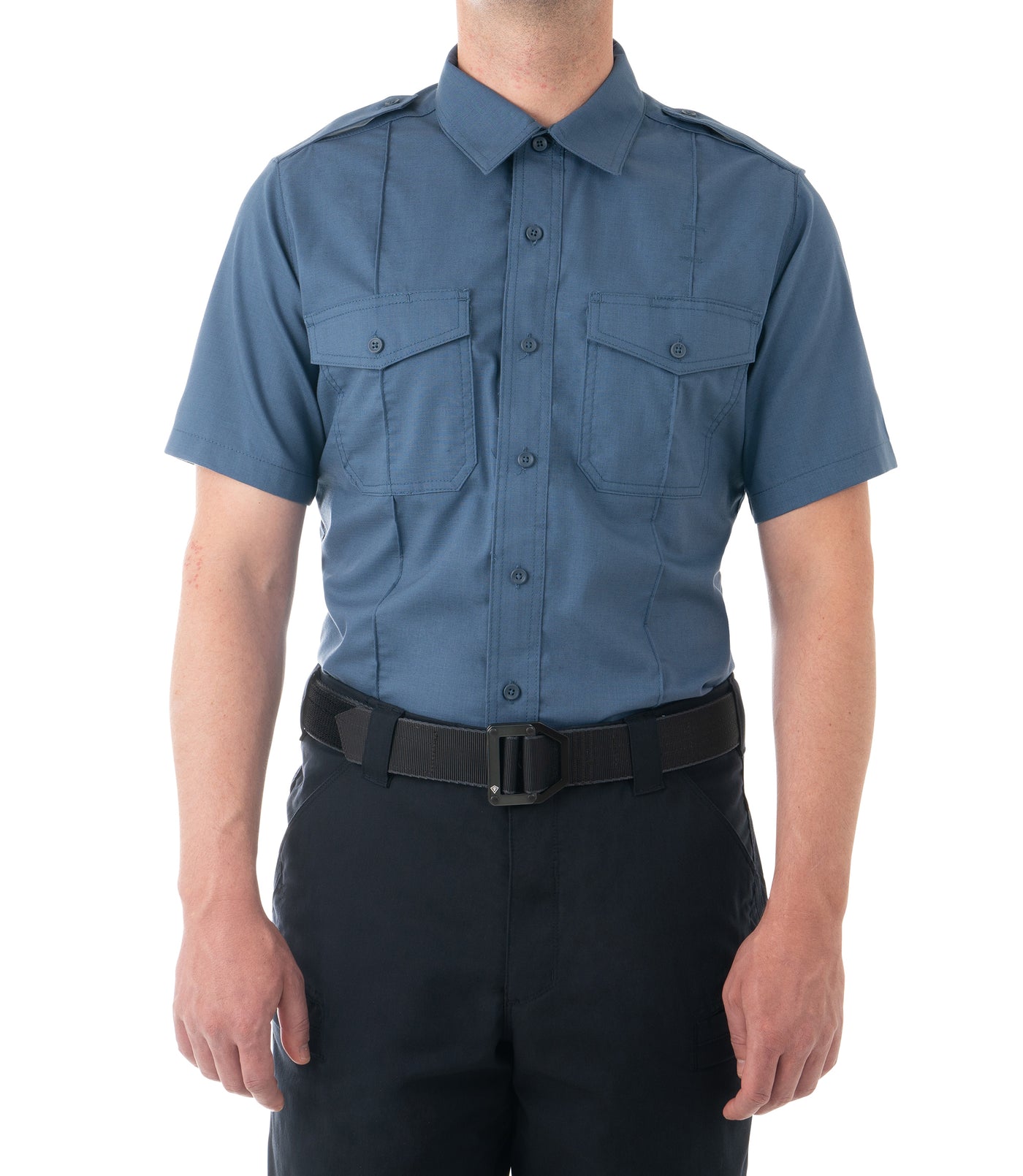 Front of Men's Pro Duty Uniform Short Sleeve Shirt in French Blue