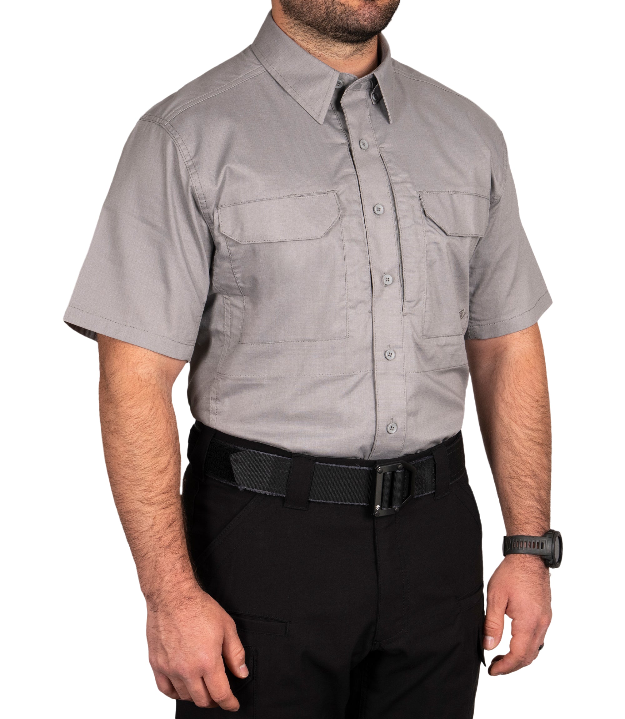 Front 1/4 of Men's V2 Tactical Short Sleeve Shirt in Nickel Grey |color_nickel grey