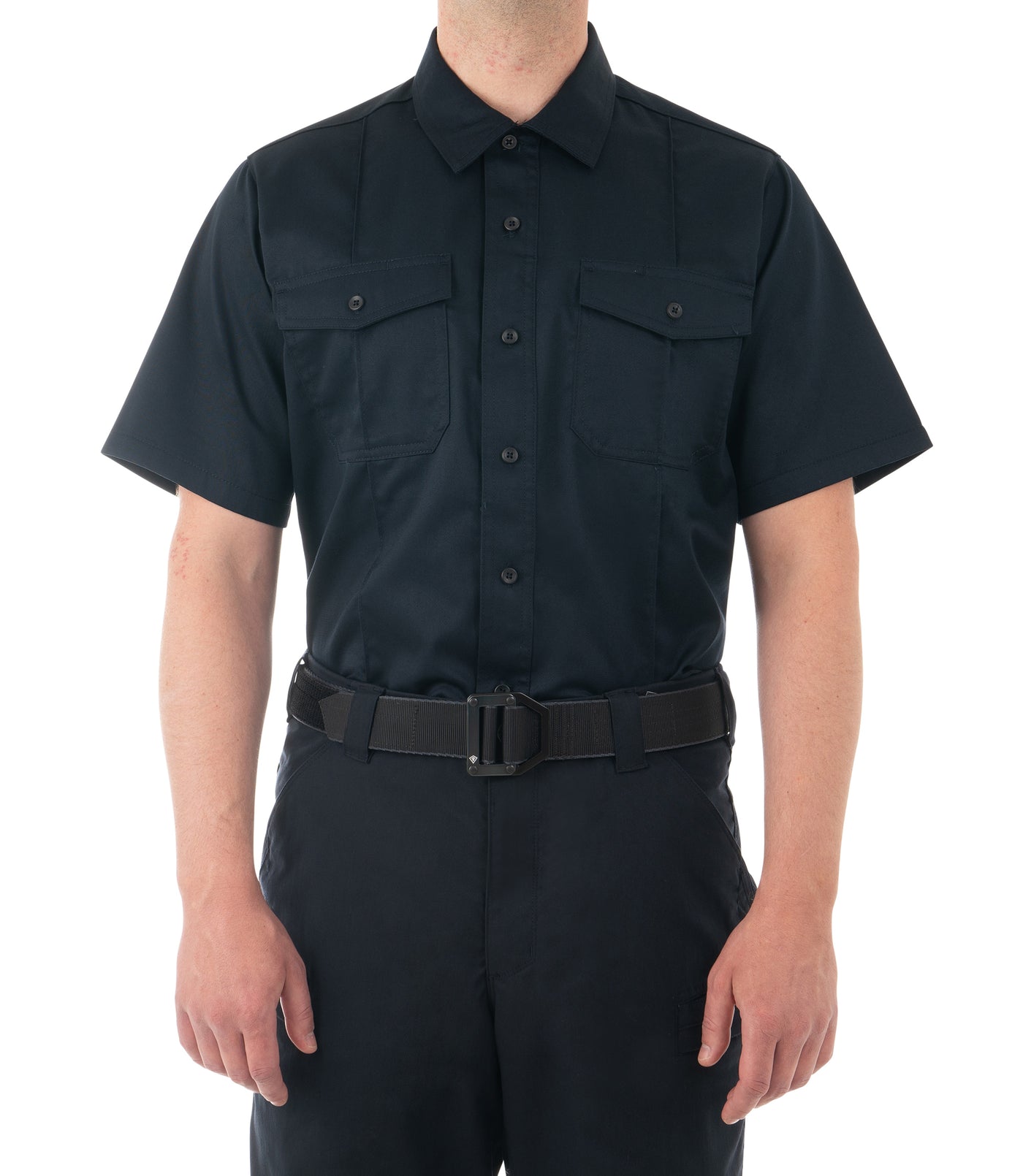 Front of Men's Cotton Station Short Sleeve Shirt in Midnight Navy