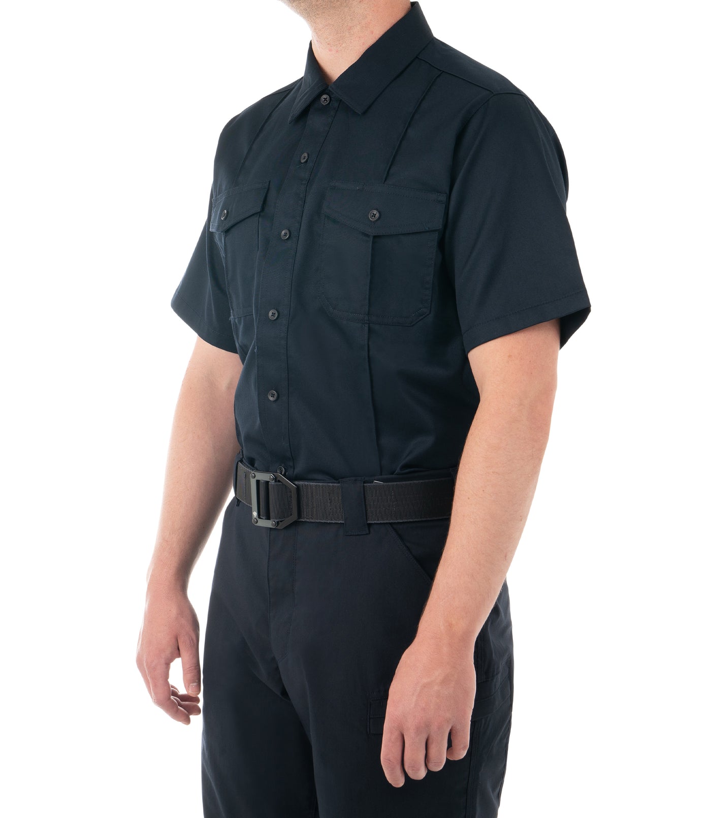 Side of Men's Cotton Station Short Sleeve Shirt in Midnight Navy