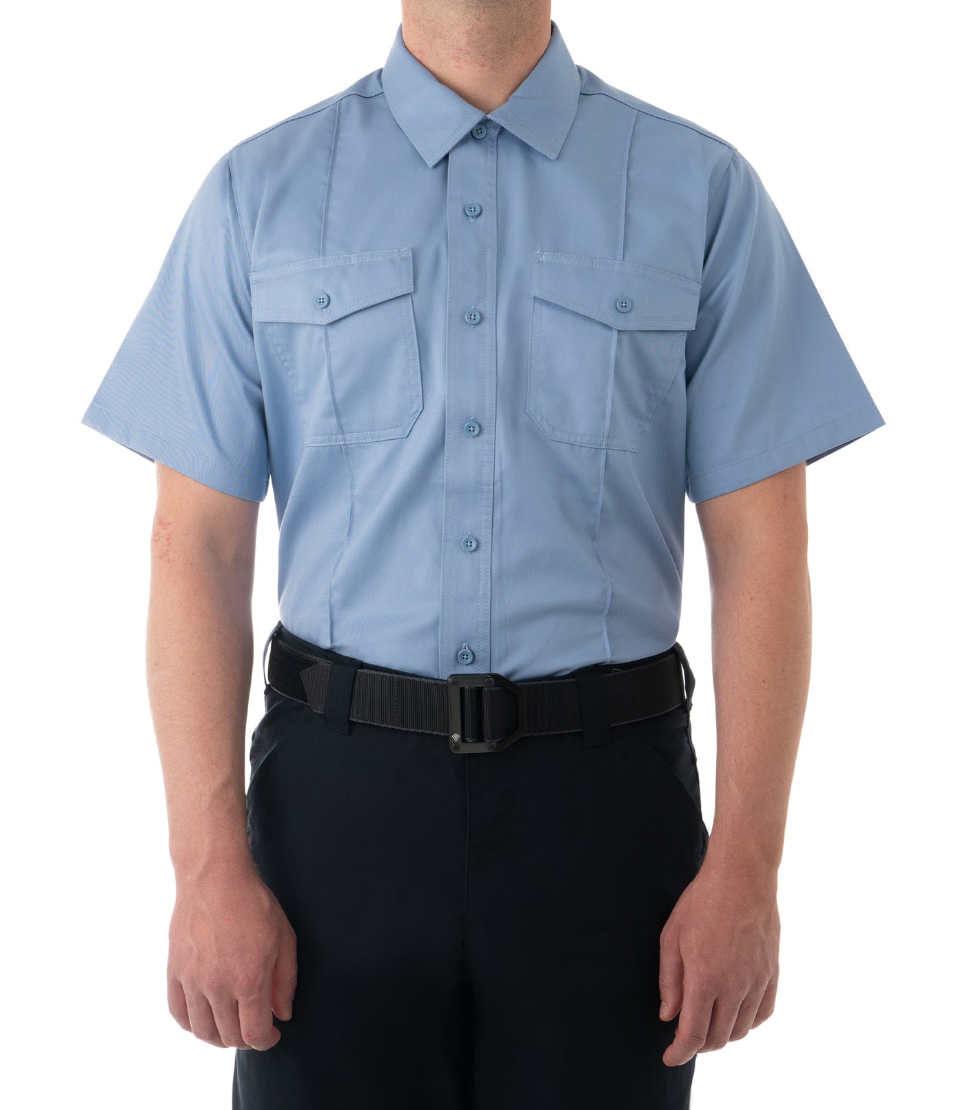 Front of Men's Cotton Station Short Sleeve Shirt in Medium Blue