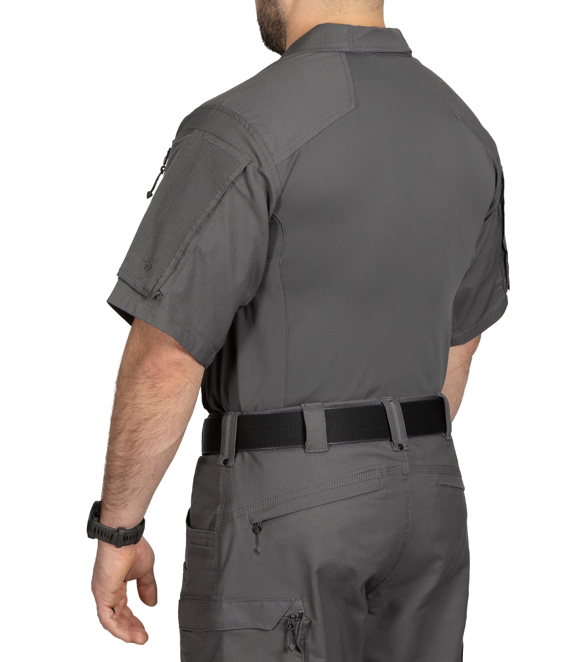 Back of Men's Defender Short Sleeve Shirt in Wolf Grey |color_wolf grey