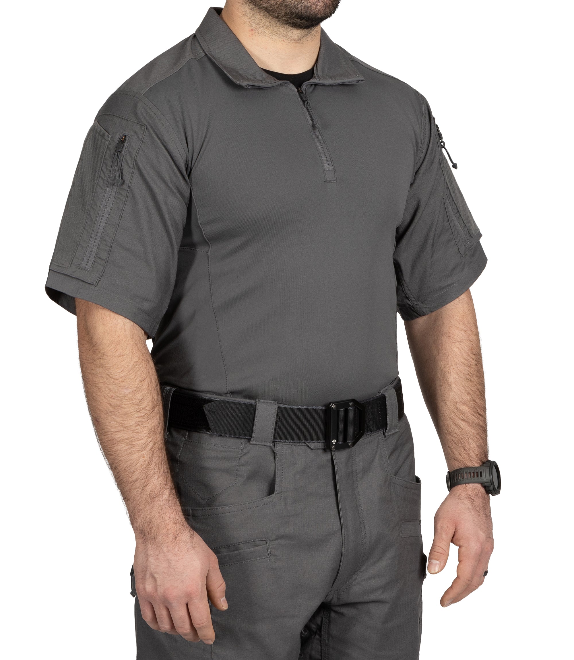 Front of Men's Defender Short Sleeve Shirt in Wolf Grey |color_wolf grey