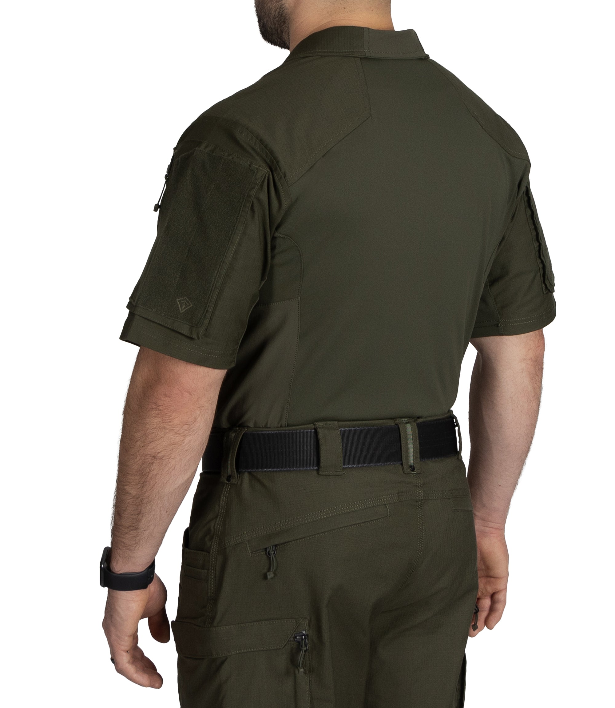 Back of Men's Defender Short Sleeve Shirt in OD Green |color_OD Green