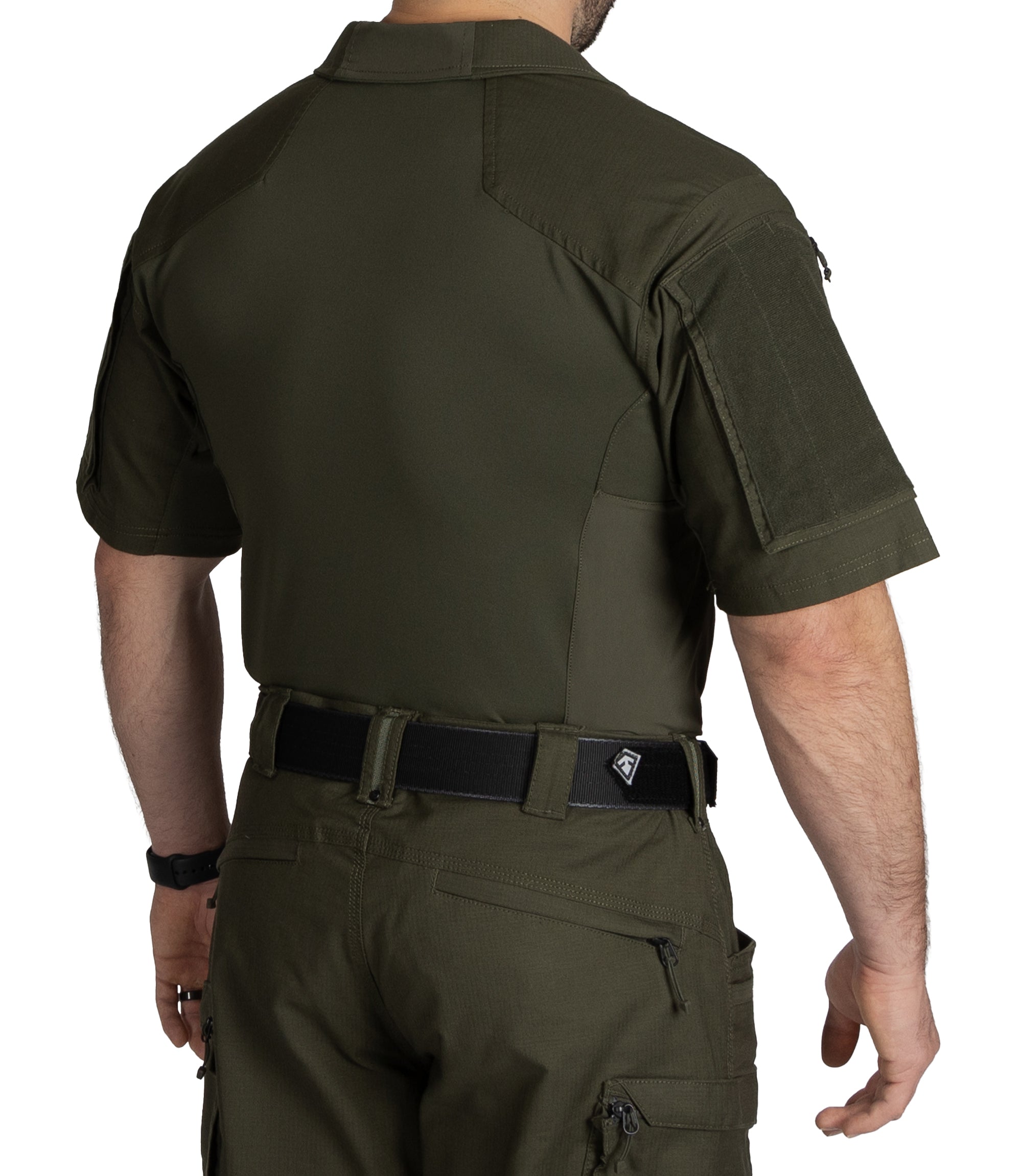Back of Men's Defender Short Sleeve Shirt in OD Green |color_OD Green