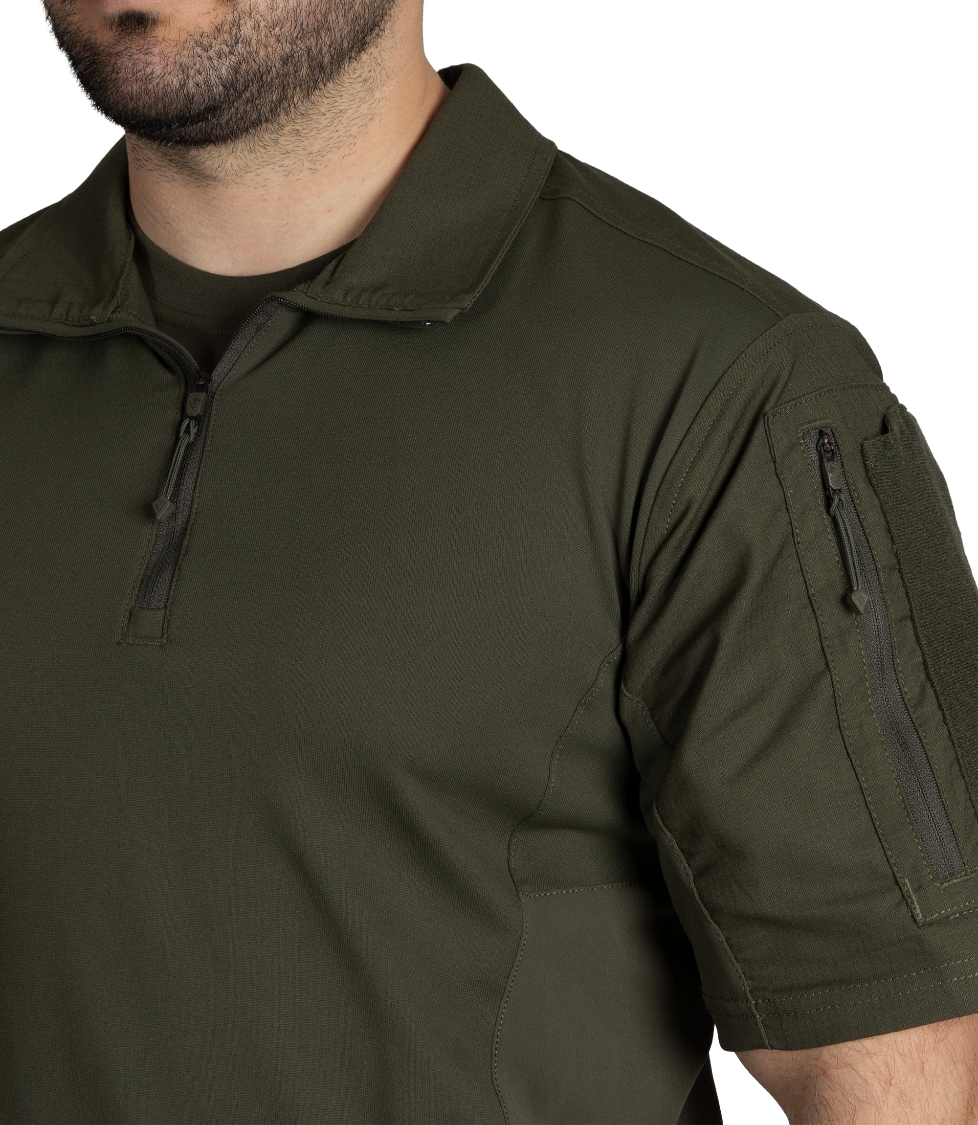 Close Up view of Defender Short Sleeve Shirt in OD Green |color_OD Green