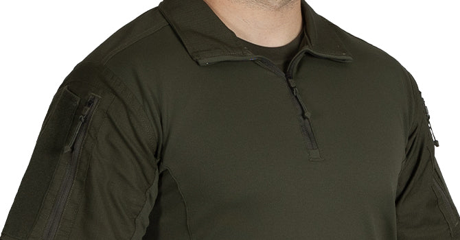 Front 1/4 view of Defender Short Sleeve Shirt in OD Green