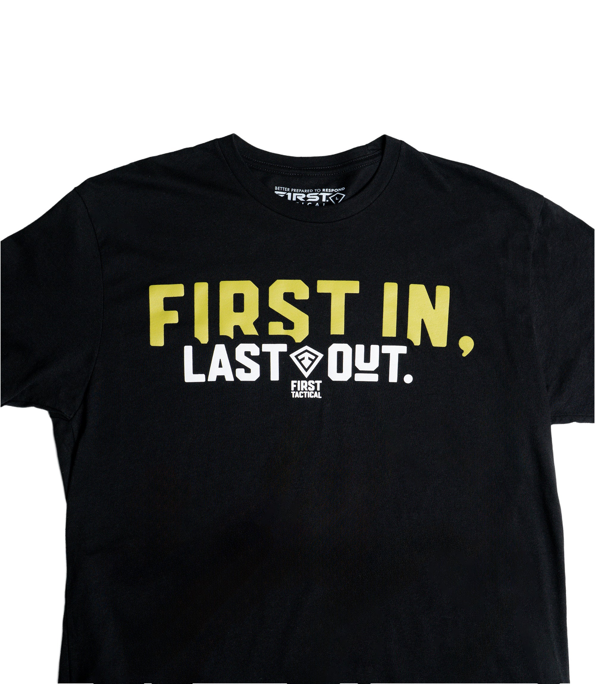 Close up front view image of the design First In, Last Out tee |color_black