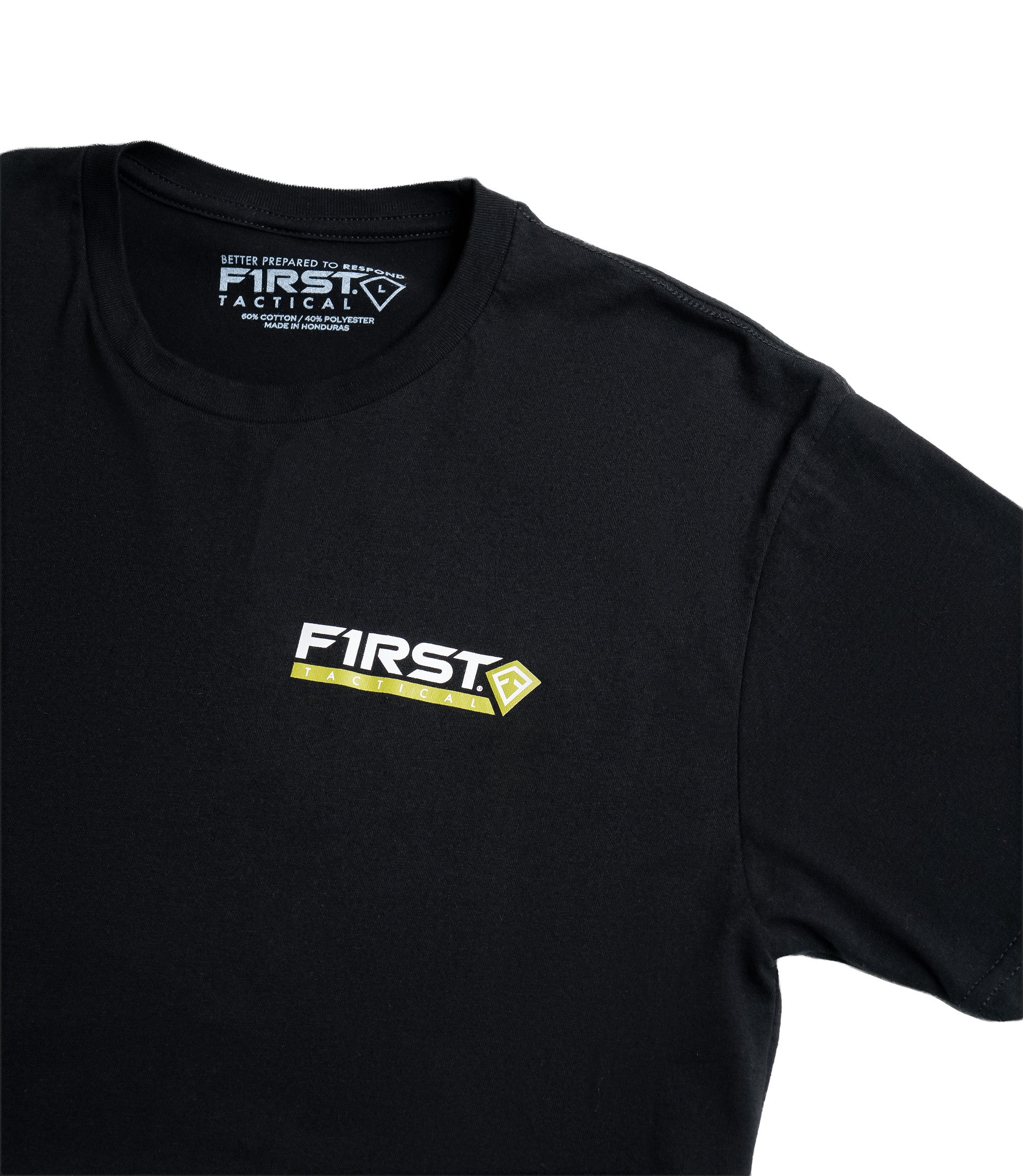 Close up front view logo image First Tactical tee |color_black