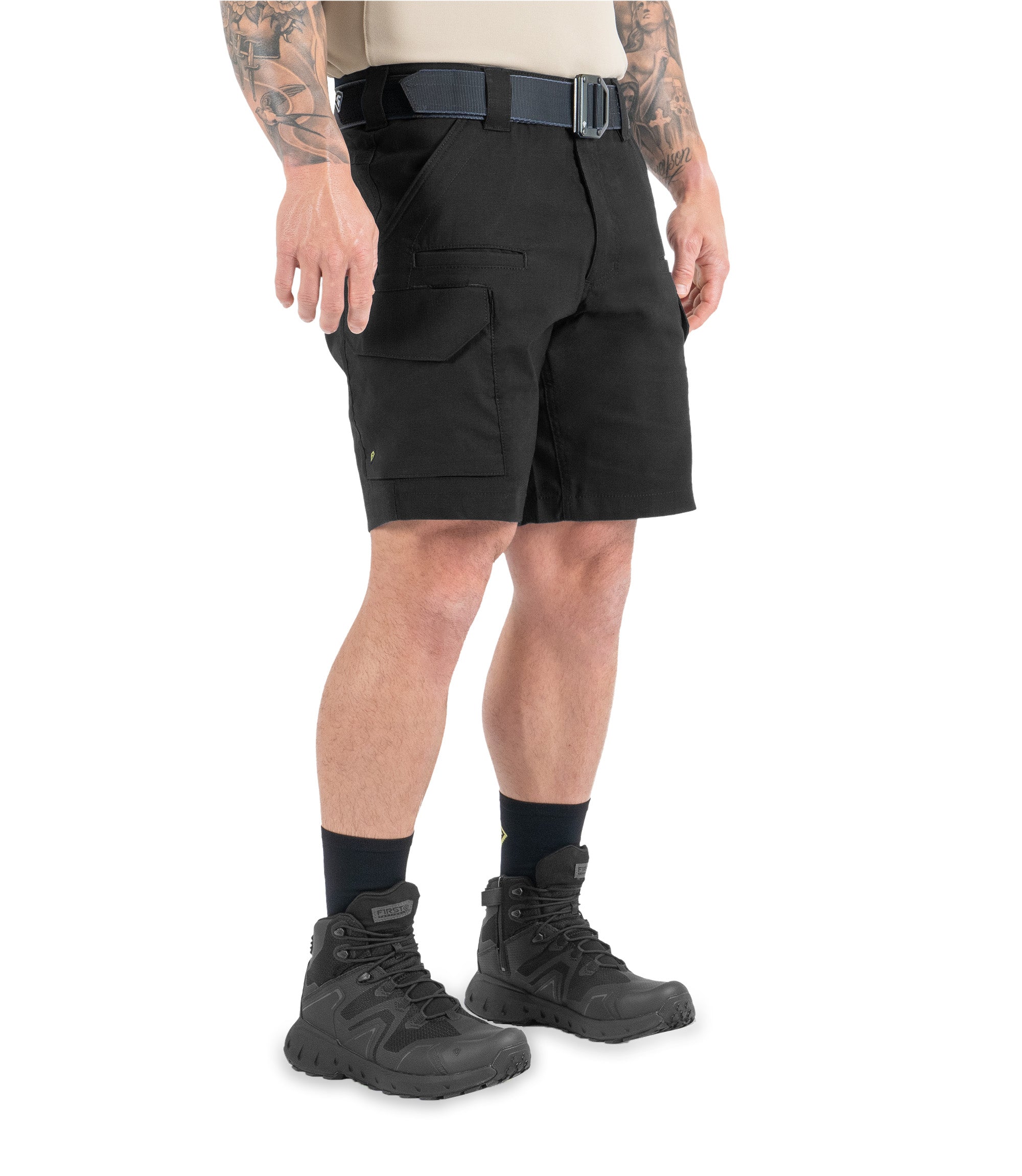 Right 1/4 front side view of Men's V2 Tactical Short in black|color_black