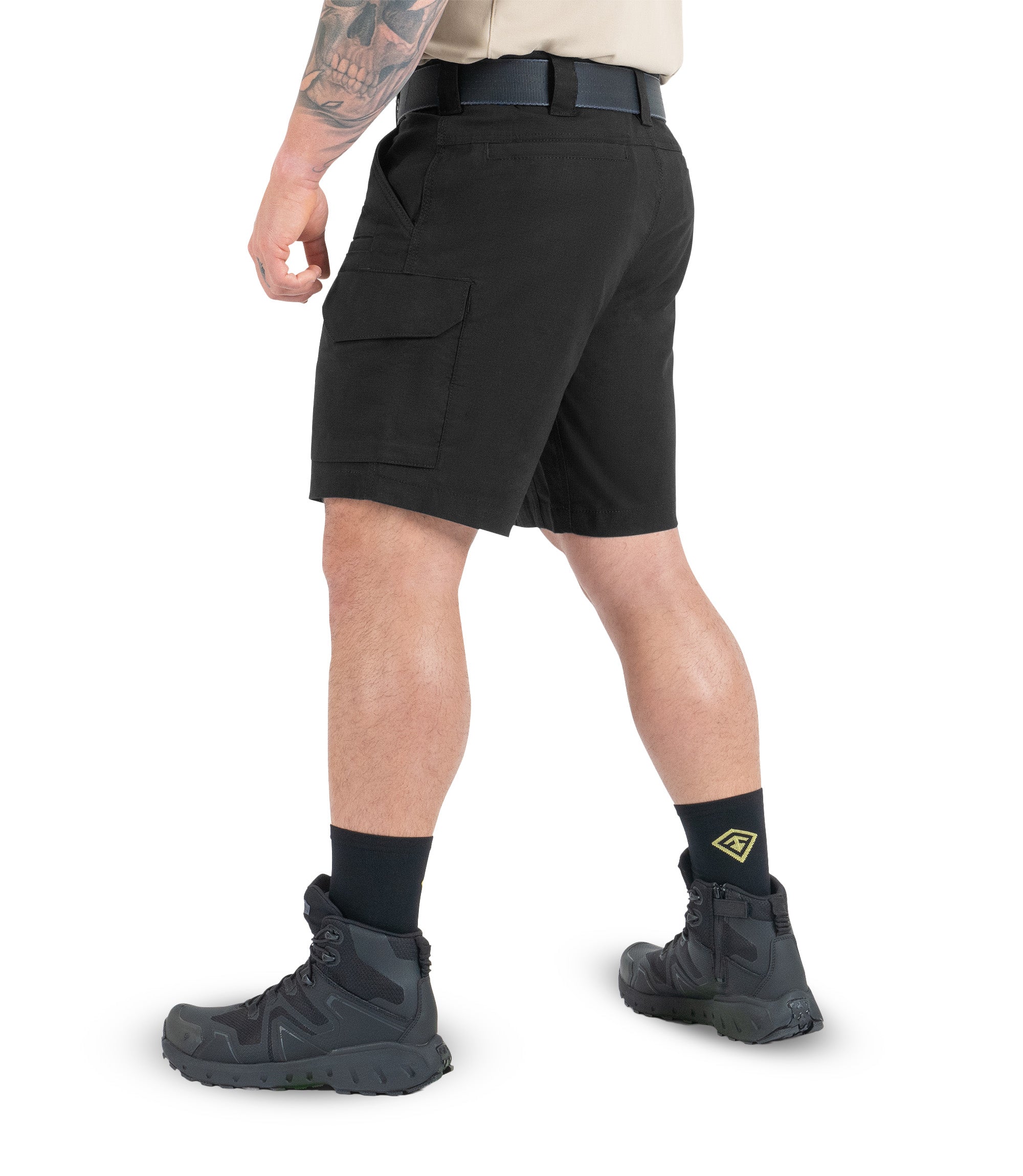 Left 1/4 back side view of Men's V2 Tactical Short in black|color_black