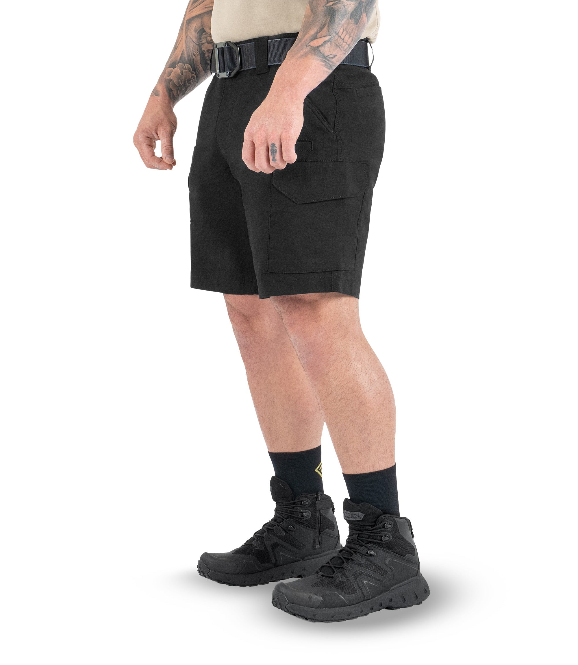 Left 1/4 front side view of Men's V2 Tactical Short in black|color_black