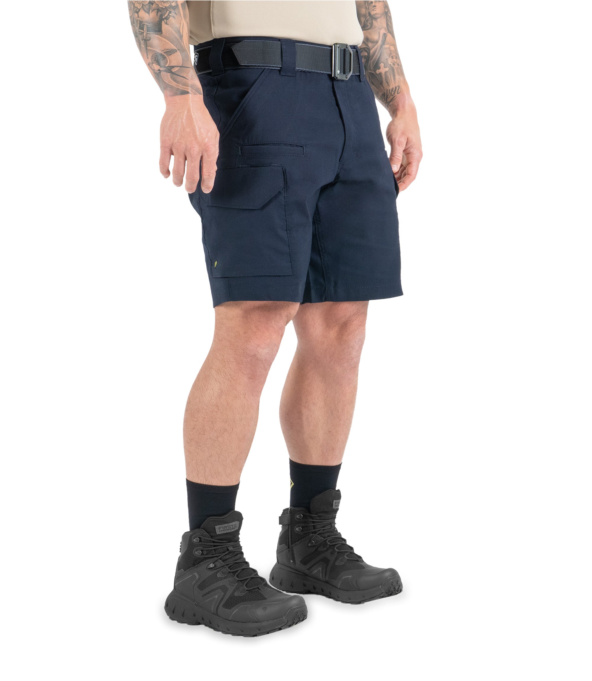 Right 1/4 front side view of Men's V2 Tactical Short in Midnight Navy|color_midnight navy