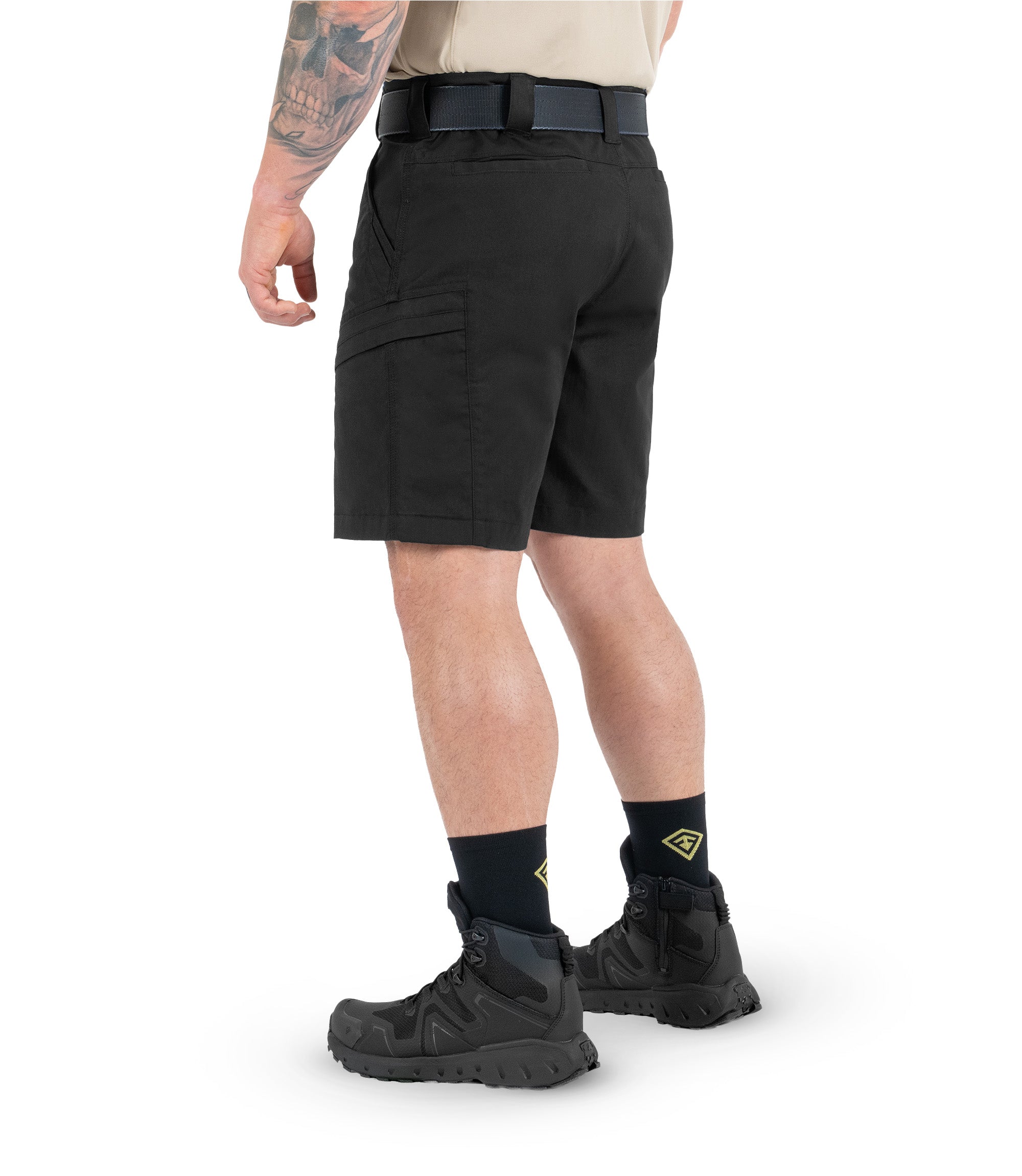Right 1/4 back side view of Men's A2 Short in Black|color_black