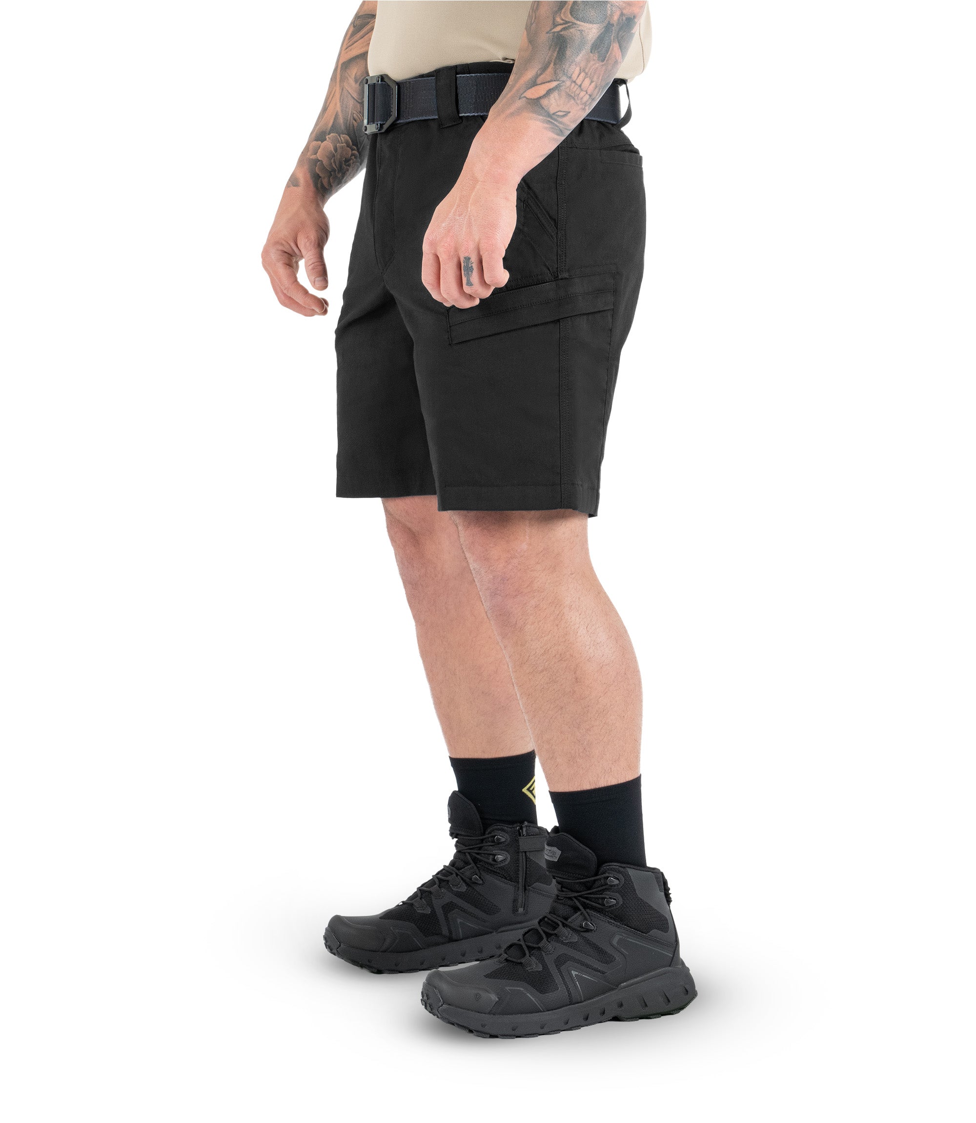 Right 1/4 front side view of Men's A2 Short in Black|color_black