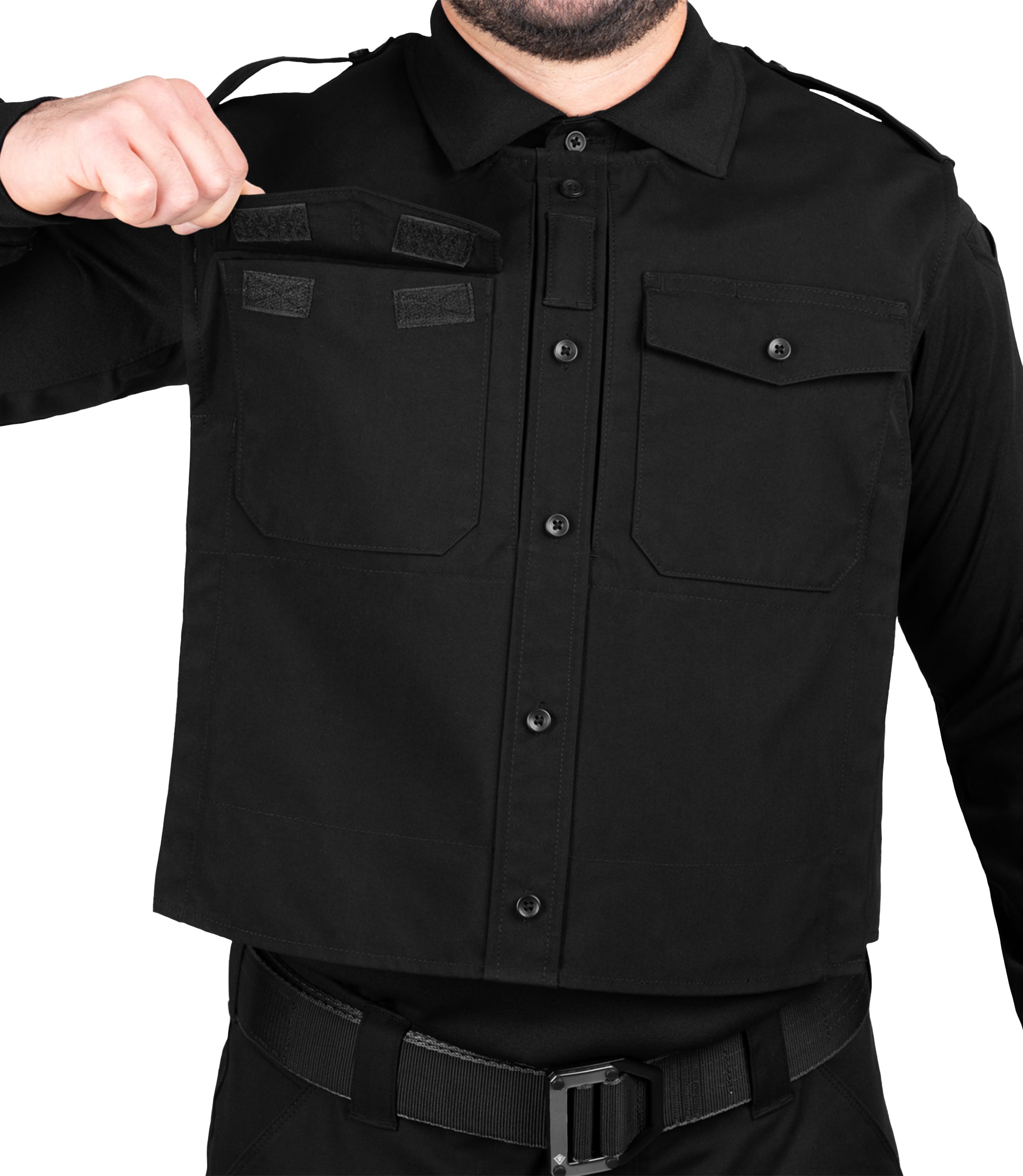 Open front chest pocket view of Pro Duty Armor Cover in color black|color_black