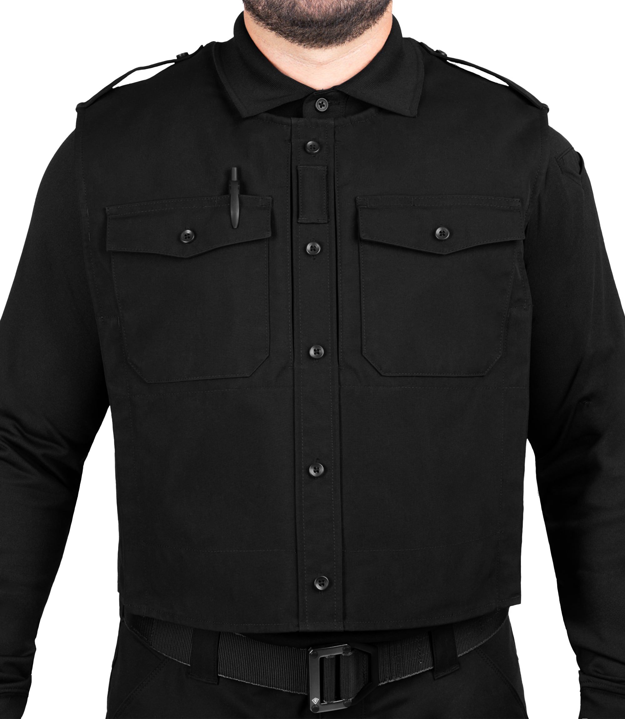 Close-up of front chest pocket with pin insert in Black|color_black