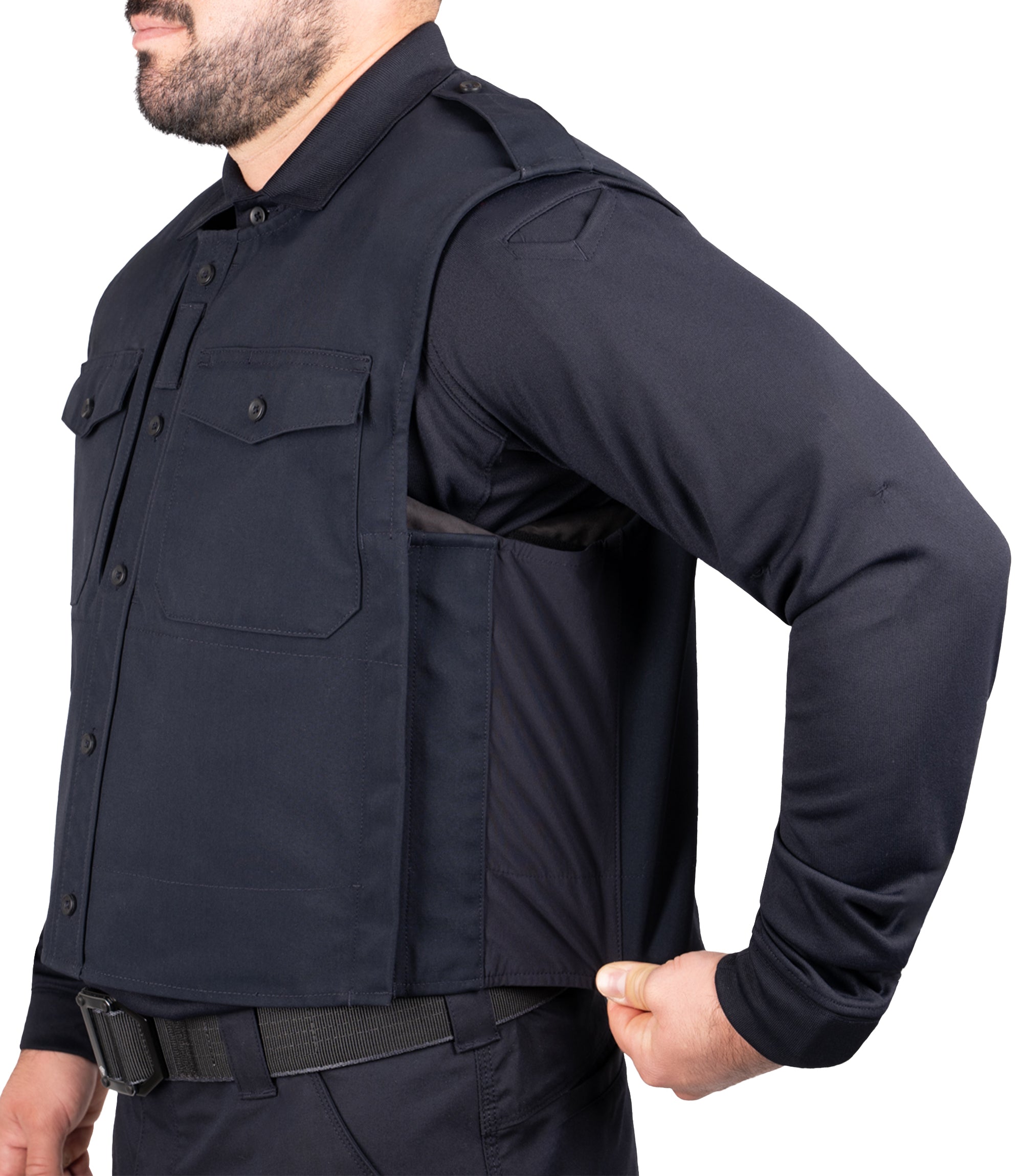 Close-up of stretch side panel in Midnight Navy|color_midnight navy