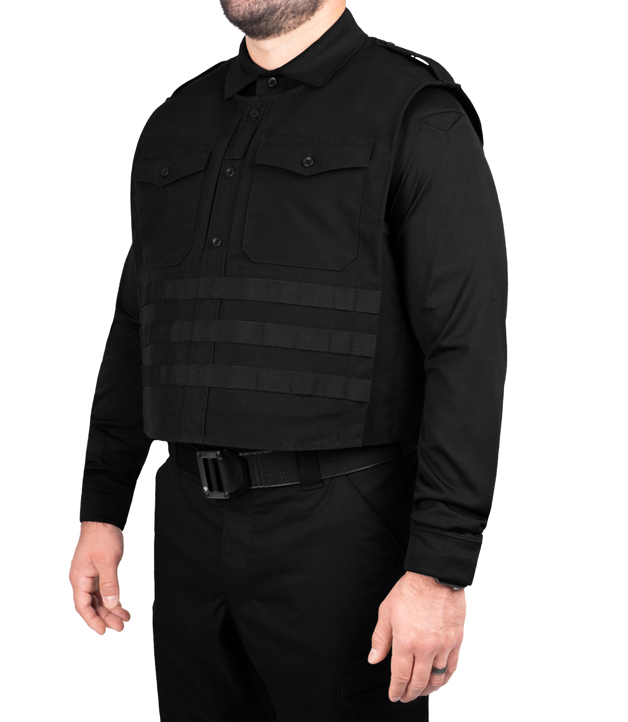 Front quarter angle view of Pro Duty Armor Cover with Molle in color black|color_black