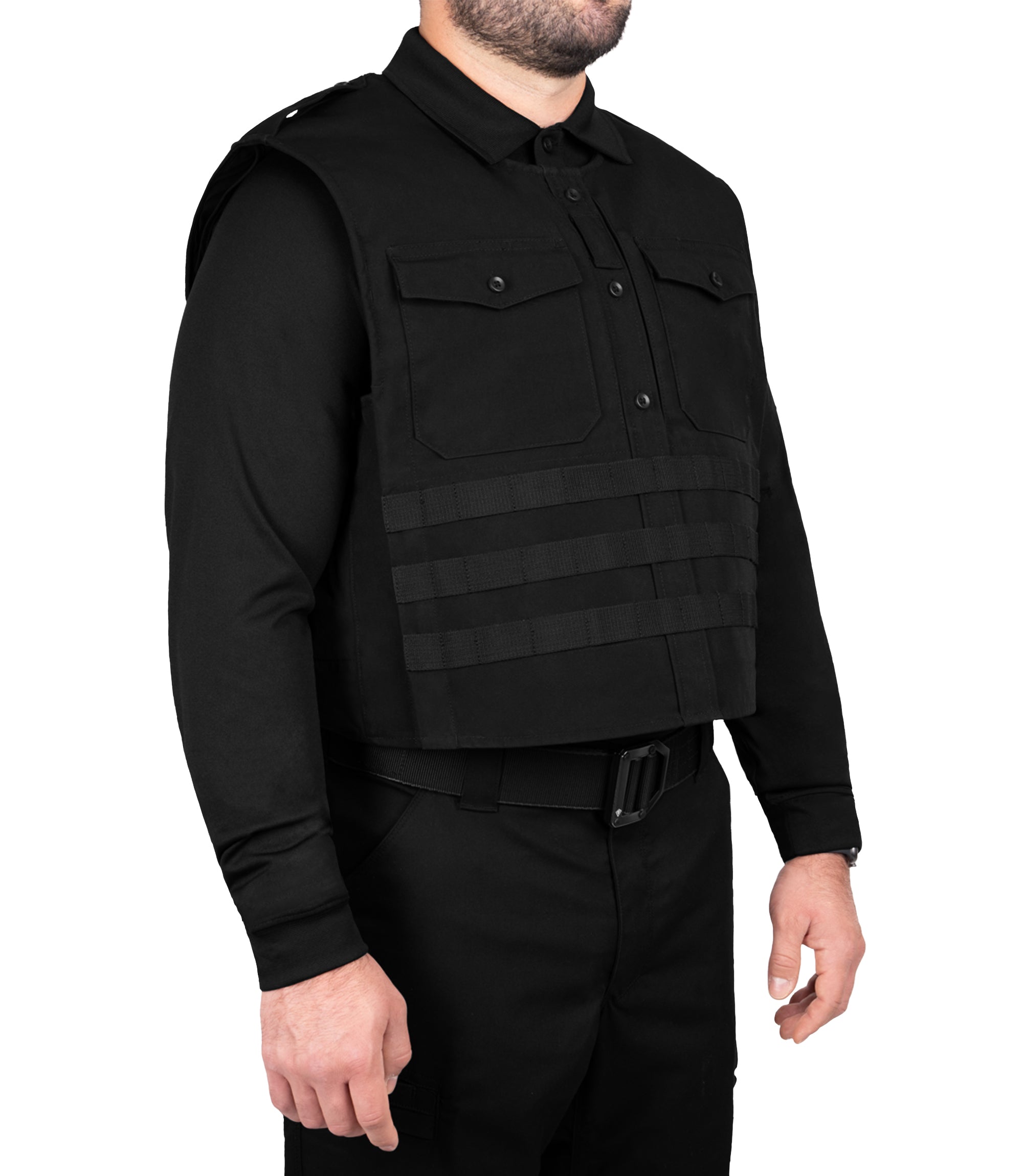 Front quarter angle view of Pro Duty Armor Cover with Molle in color black
|color_black