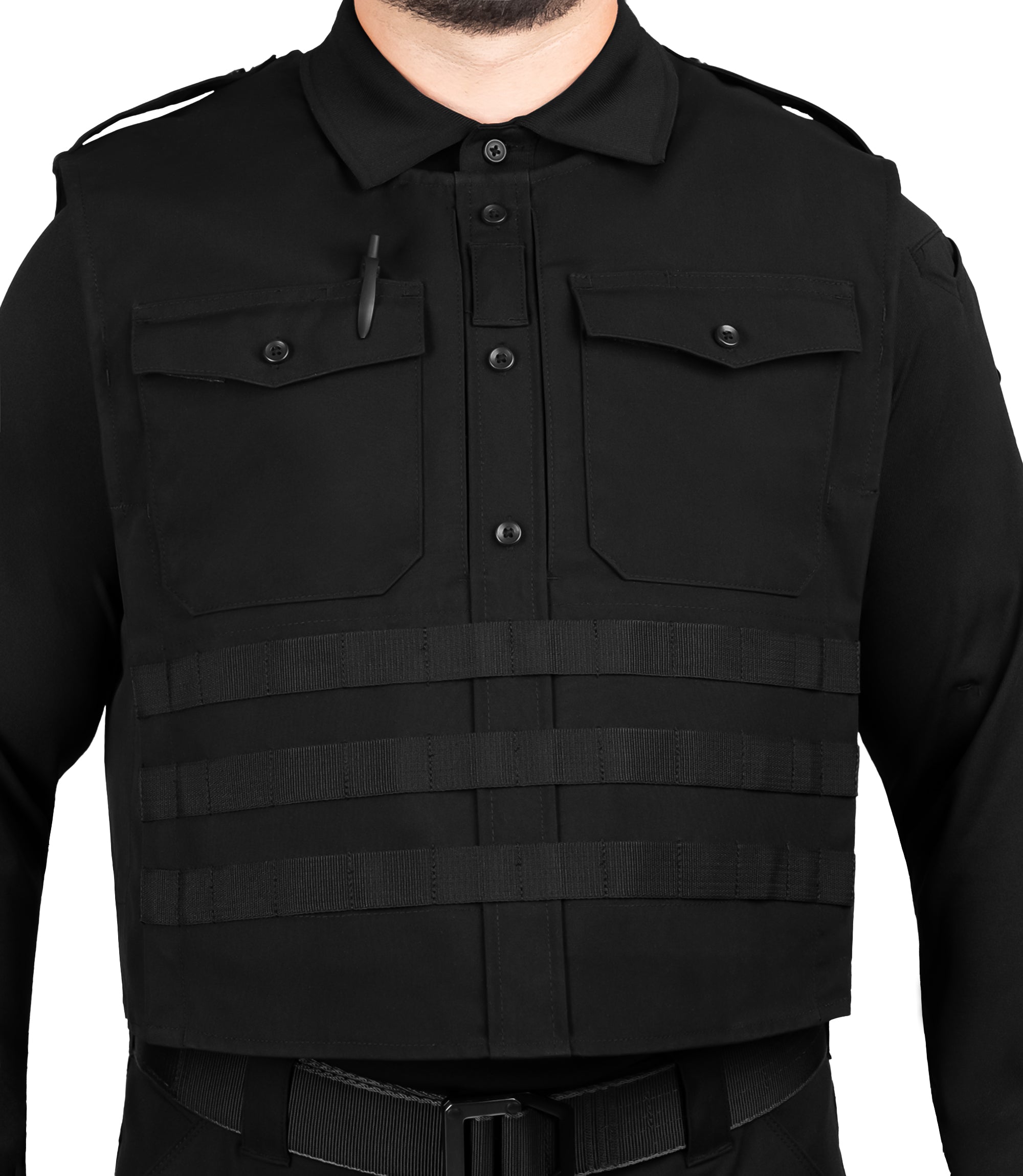 Close-up of front chest pocket with pen insert in Black|color_black