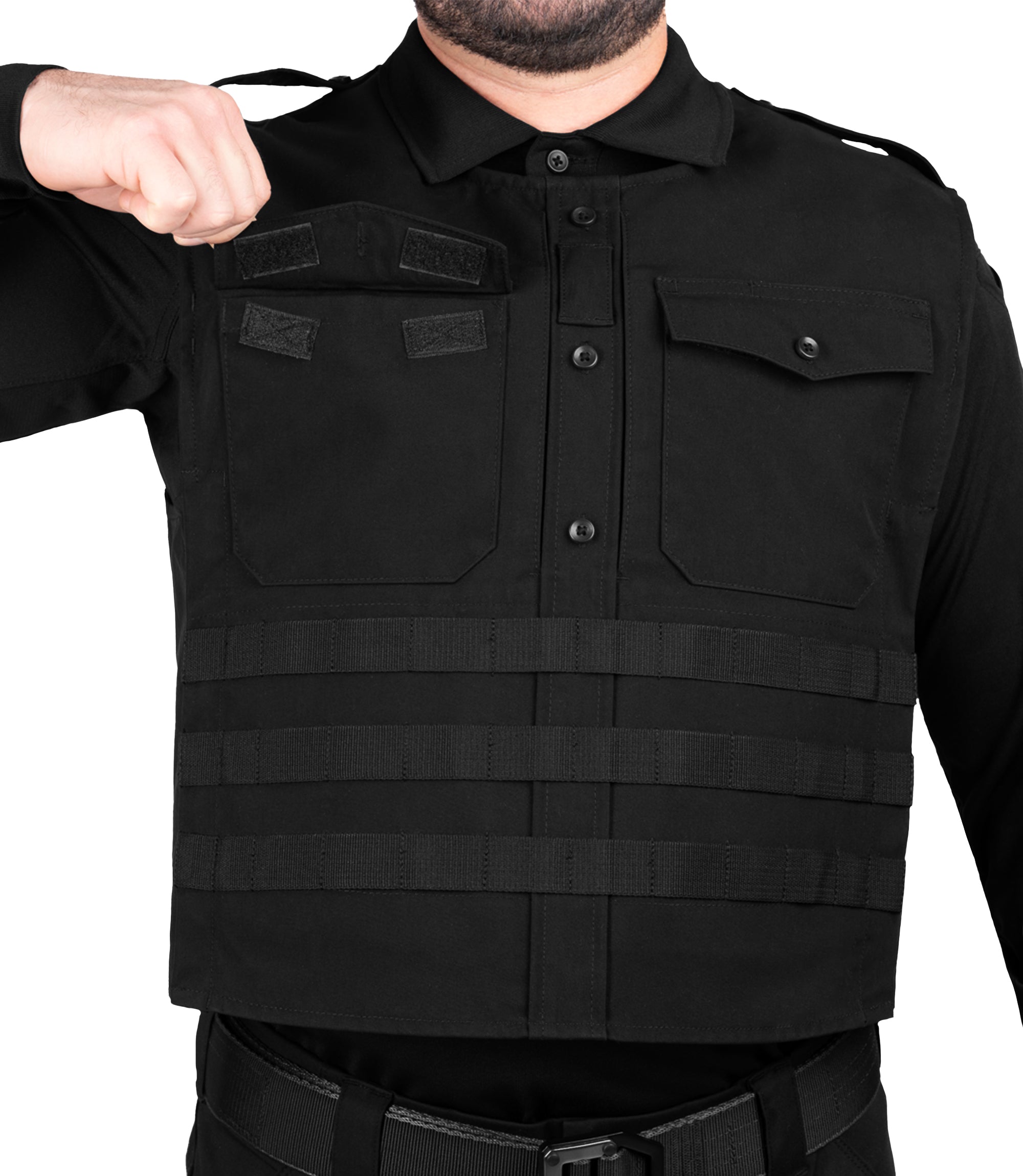 Open front chest pocket view of Pro Duty Armor Cover with Molle in color black|color_black