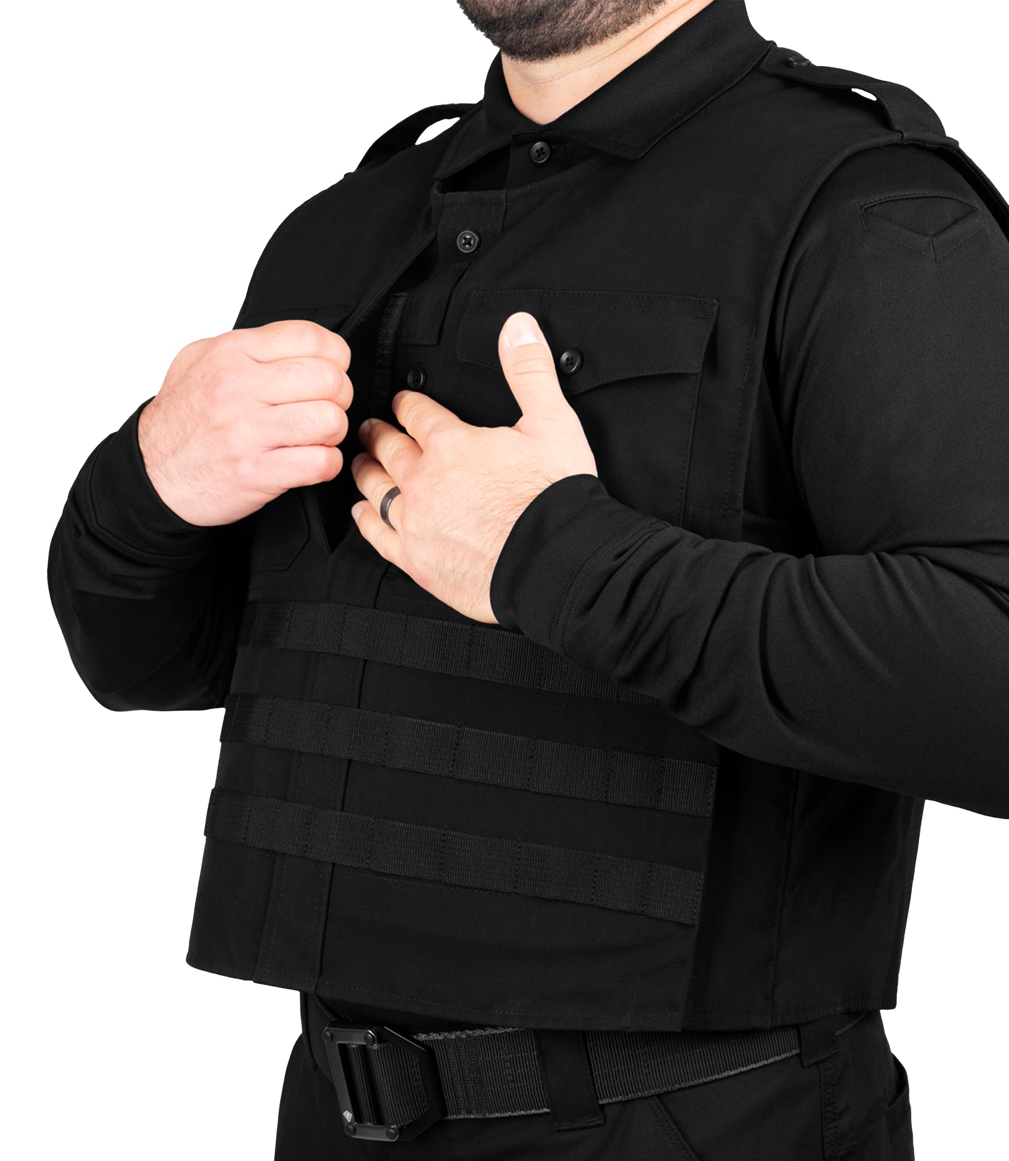 Insert front pocket view of Pro Duty Armor Cover with Molle in the color black|color_black