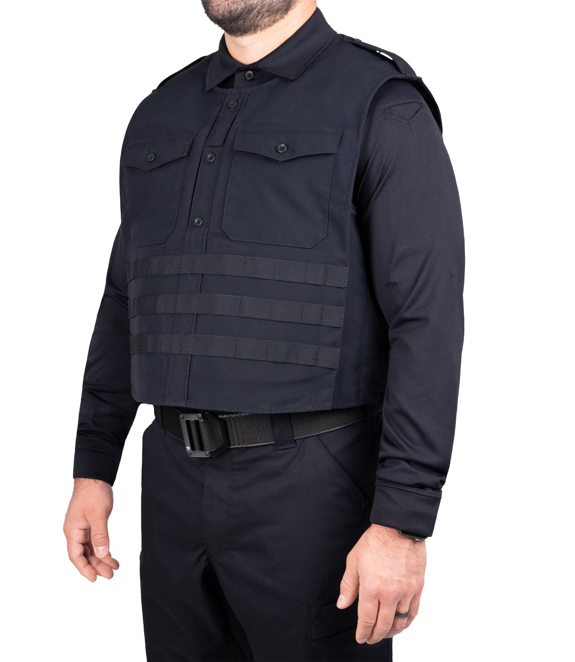 Front quarter angle view of Pro Duty Armor Cover with molle in color midnight navy|color_midnight navy