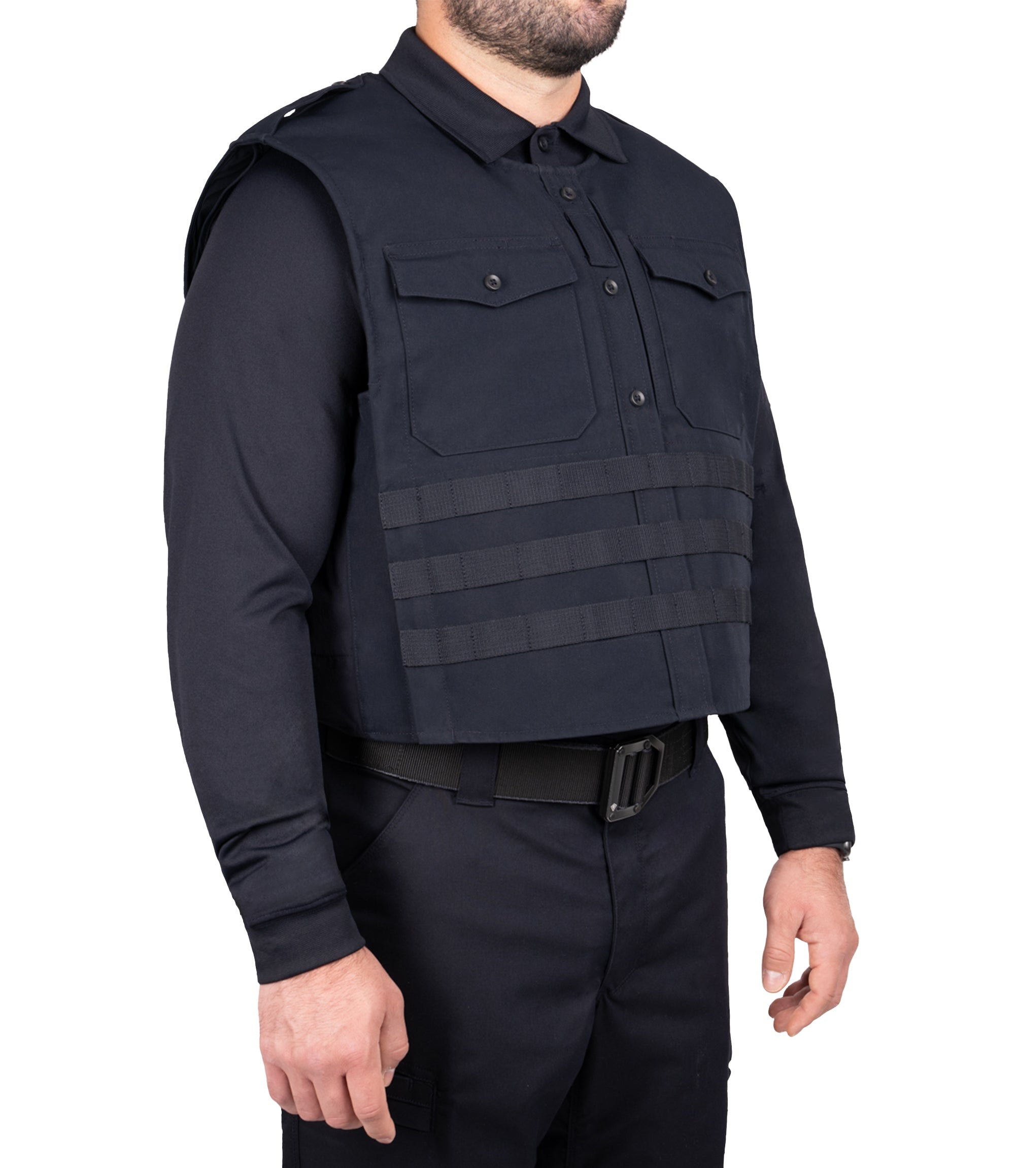 Front quarter angle view of Pro Duty Armor Cover with molle in color midnight navy|color_midnight navy