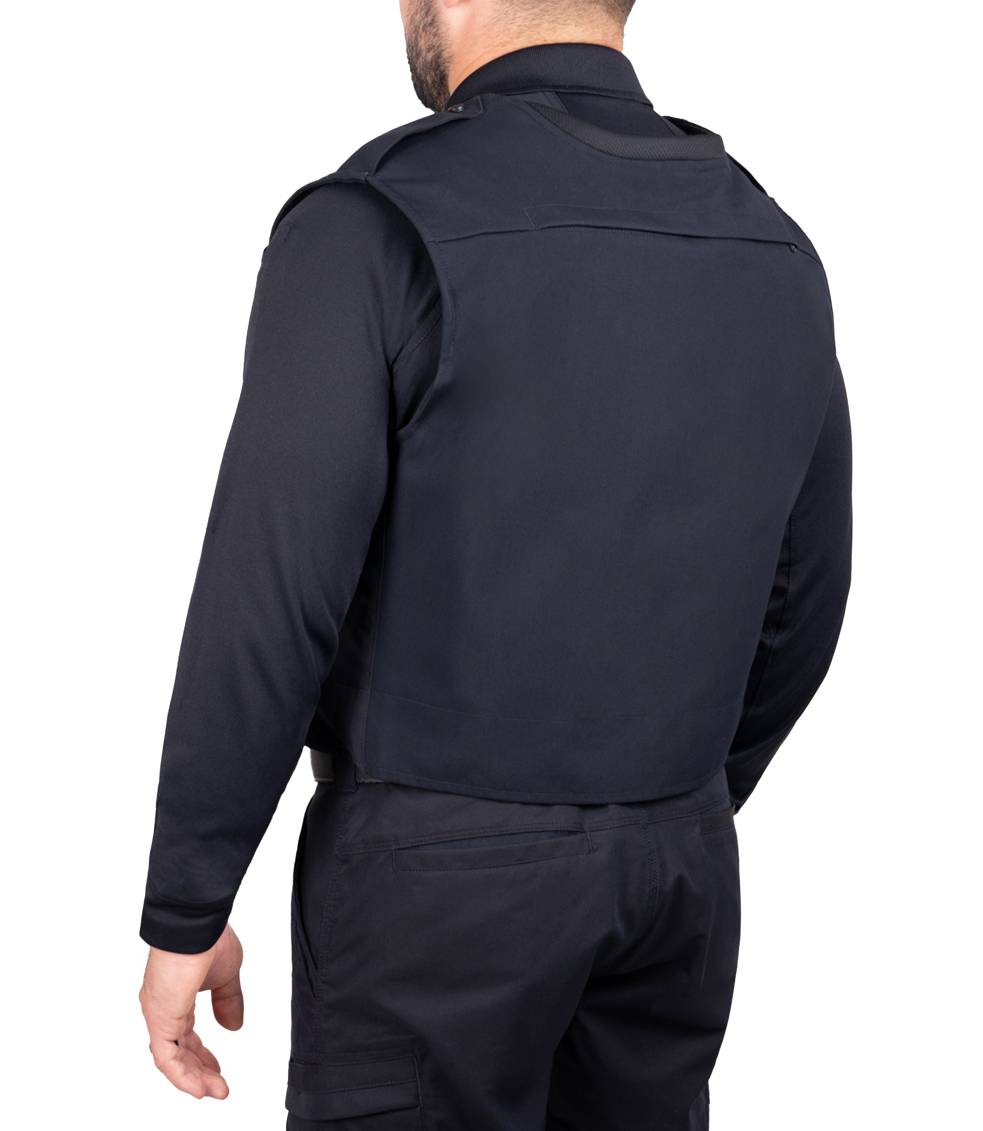 Back quarter angle view of Pro Duty Armor Cover with molle in color midnight navy|color_midnight navy