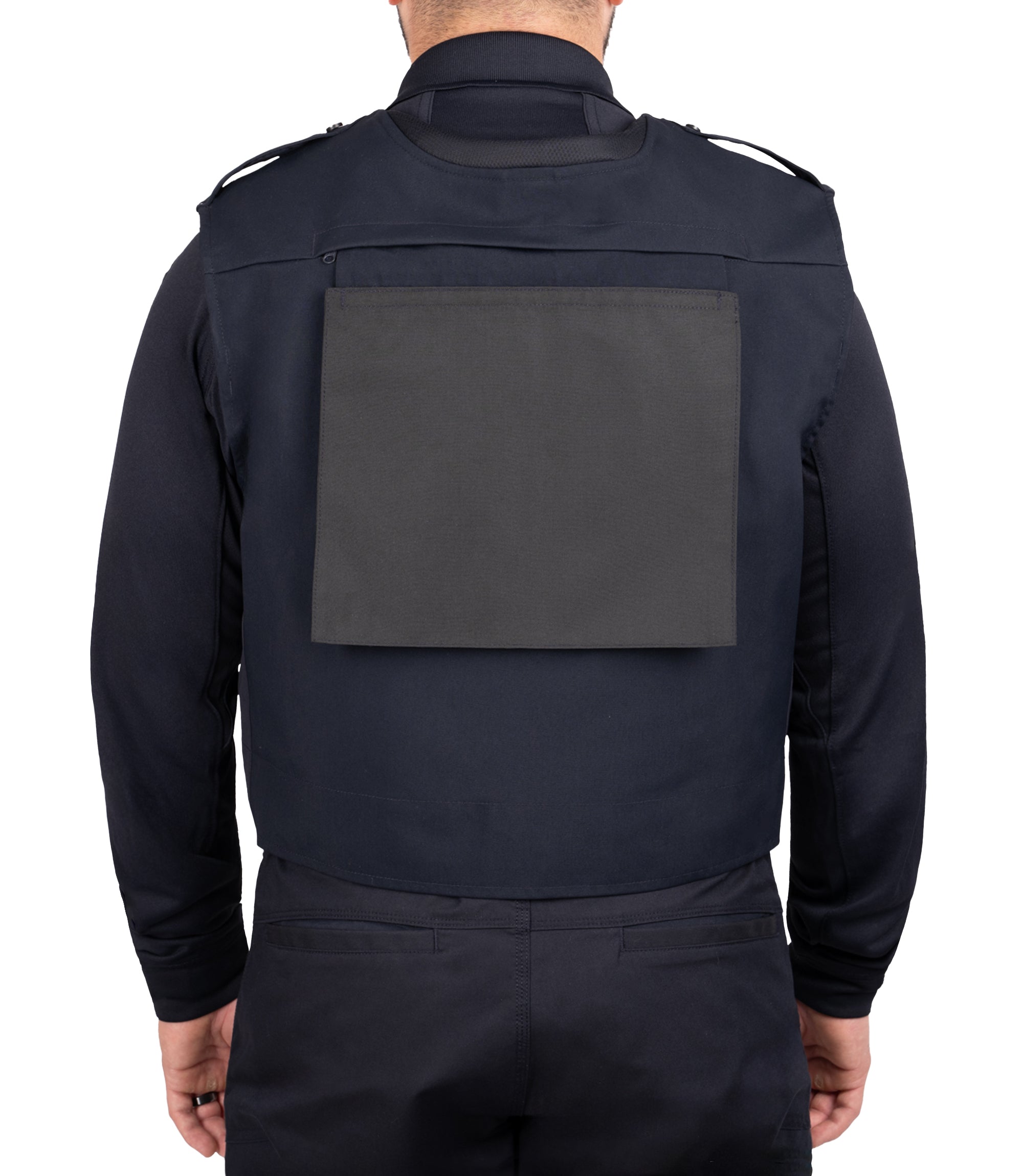 Back view of Pro Duty Armor Cover with  molle back panel displayed outside in color midnight navy|color_midnight navy