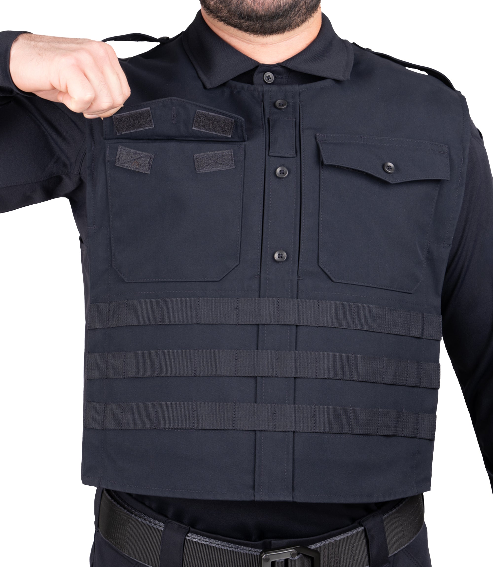 Open front chest pocket view of Pro Duty Armor Cover in color midnight navy|color_midnight navy