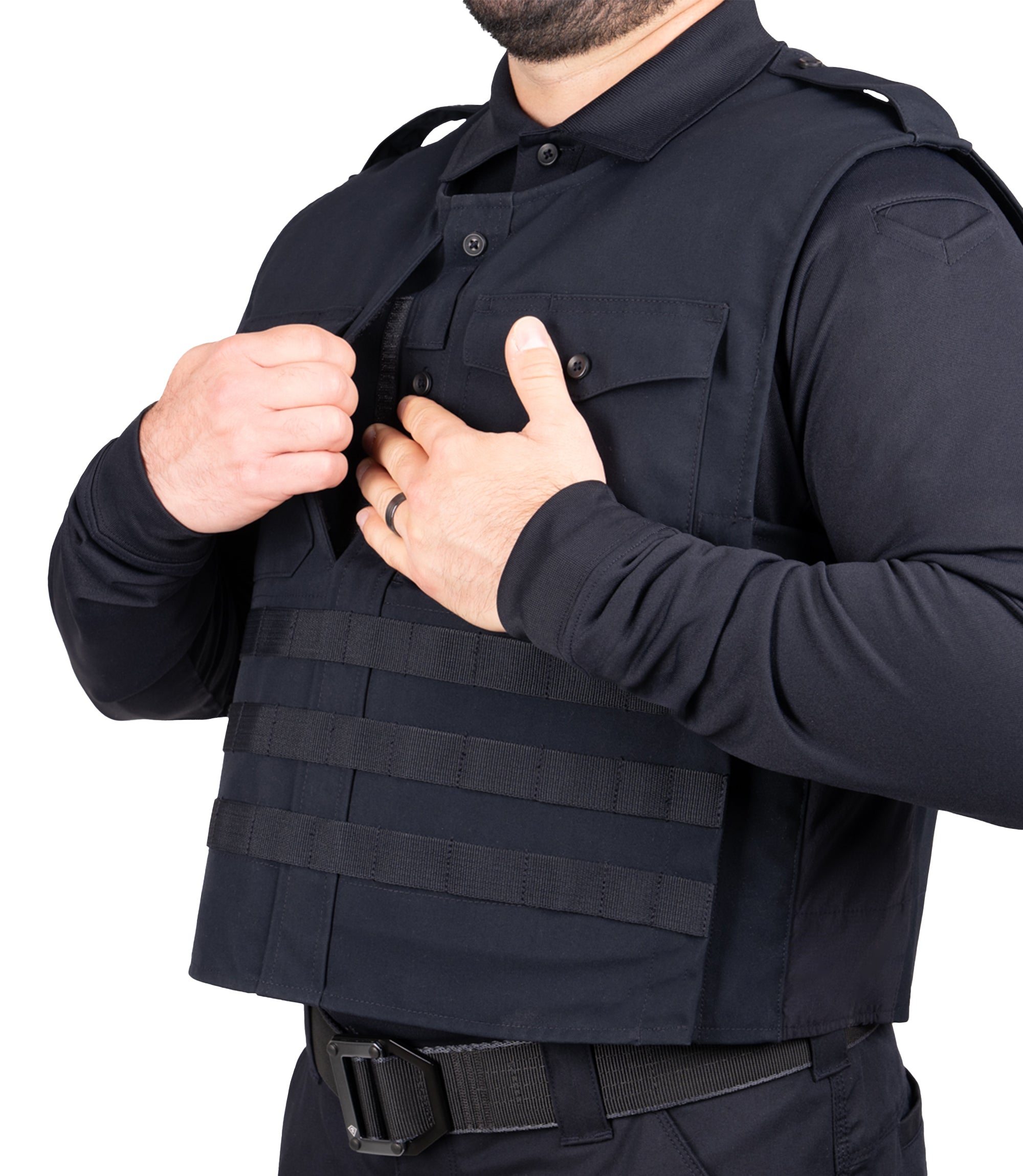 Insert front pocket view of Pro Duty Armor Cover with molle in the color midnight navy|color_midnight navy