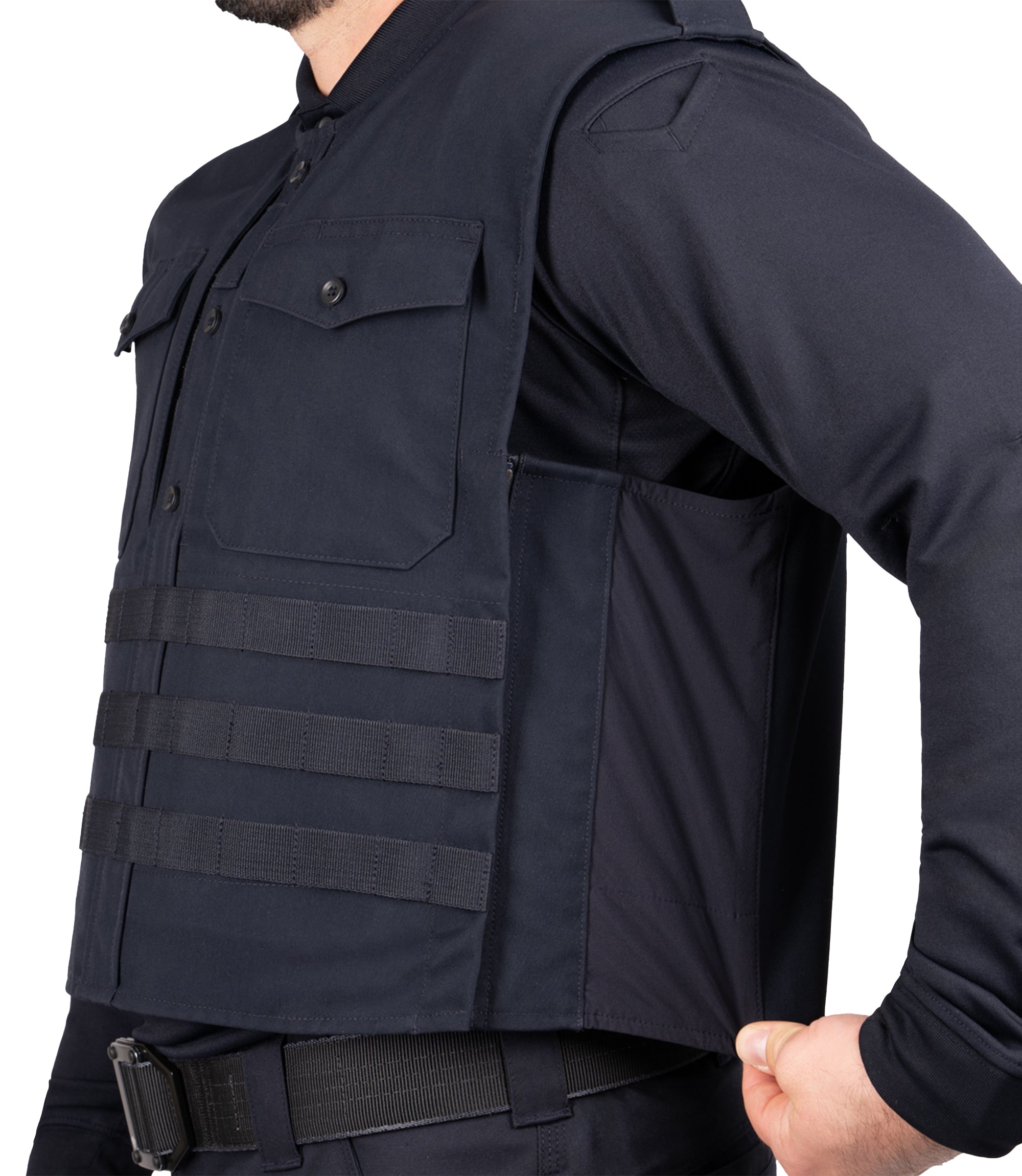 Close-up of stretch side panel in Midnight Navy|color_midnight navy
