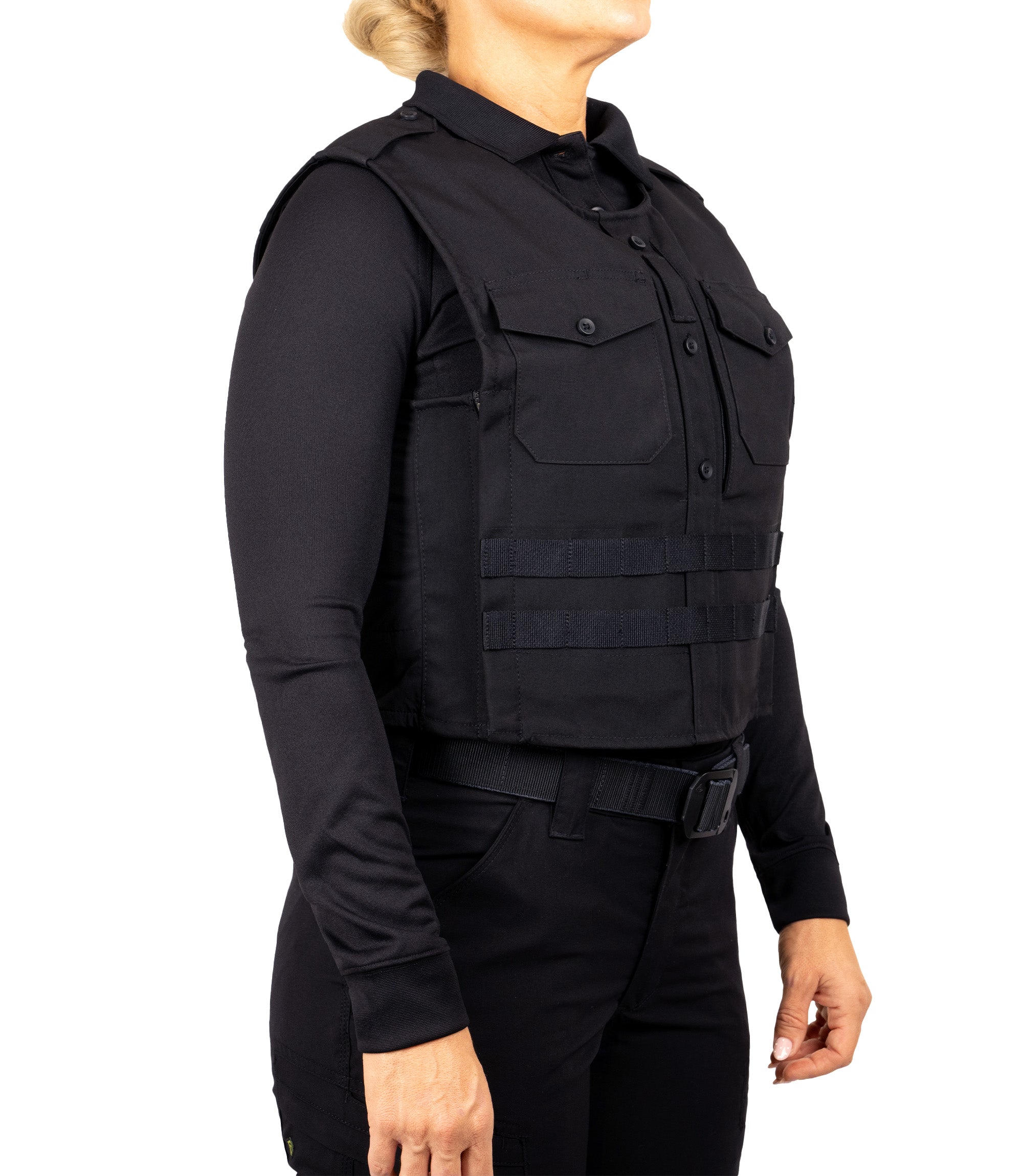 Front quarter angle view of Pro Duty Armor Cover with molle in color midnight navy|color_midnight navy