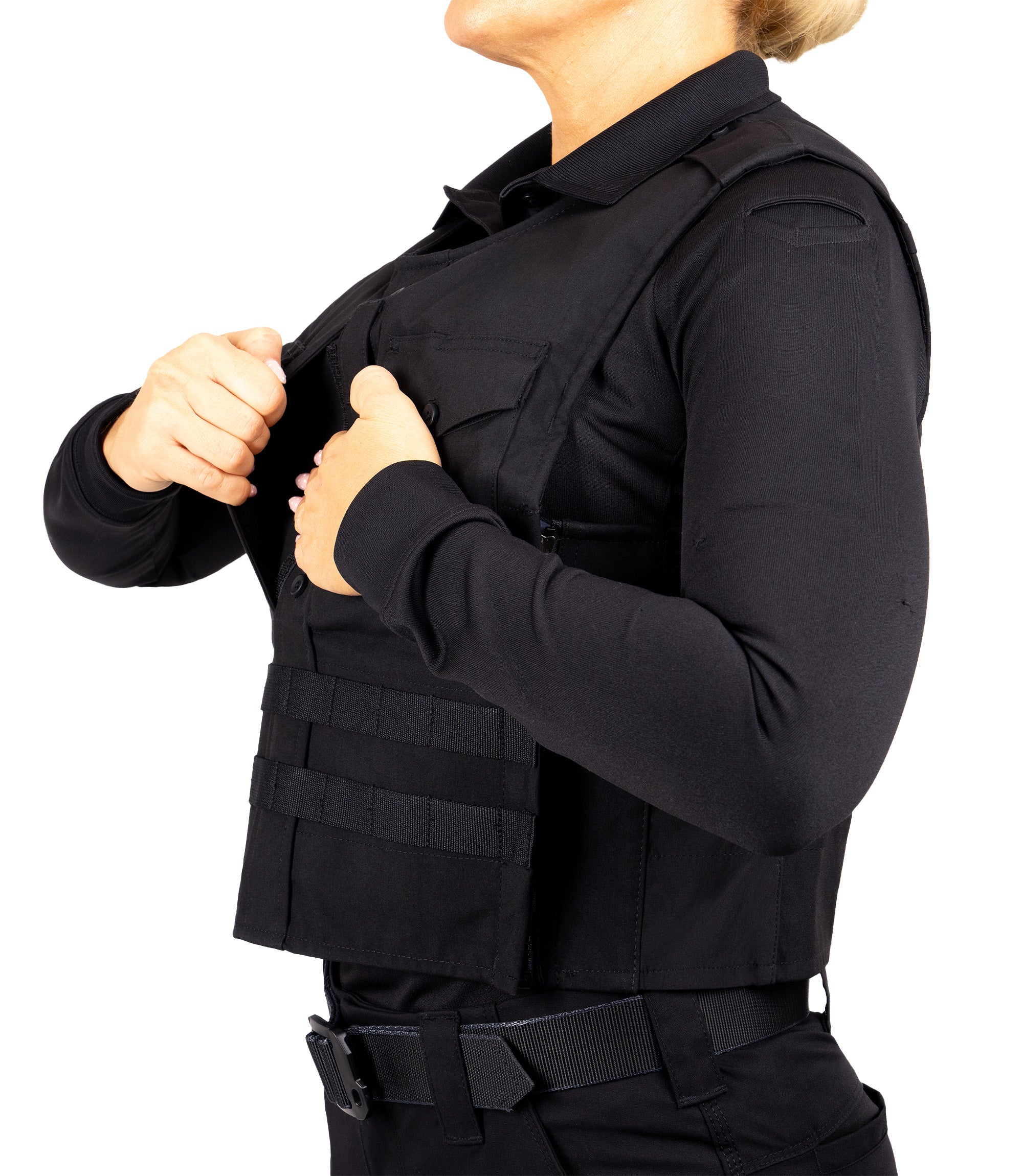 Insert front pocket view of Pro Duty Armor Cover with molle in the color midnight navy|color_midnight navy