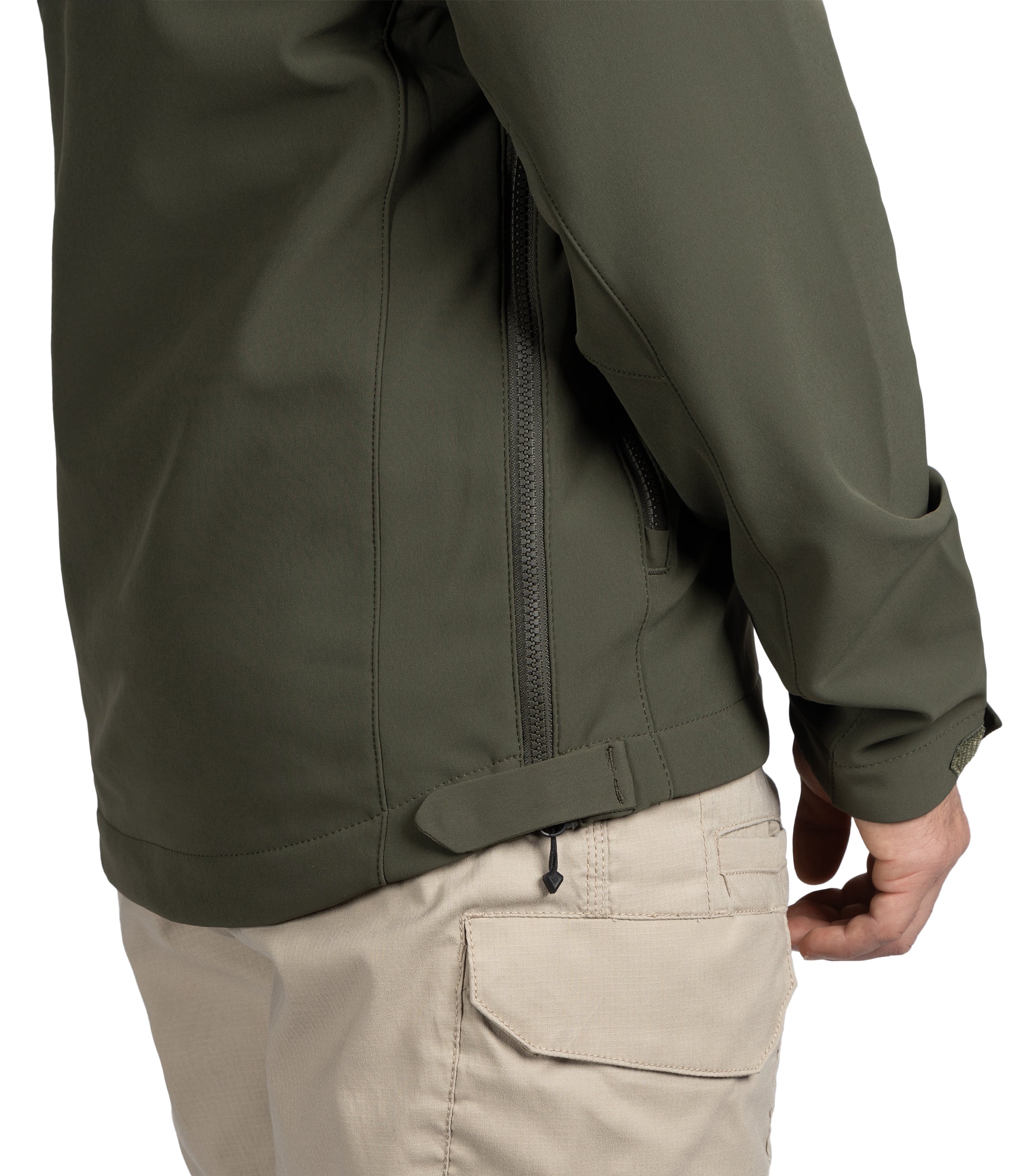 Closed Side Zipper of Men's Tactix Softshell Parka in OD Green |color_od green