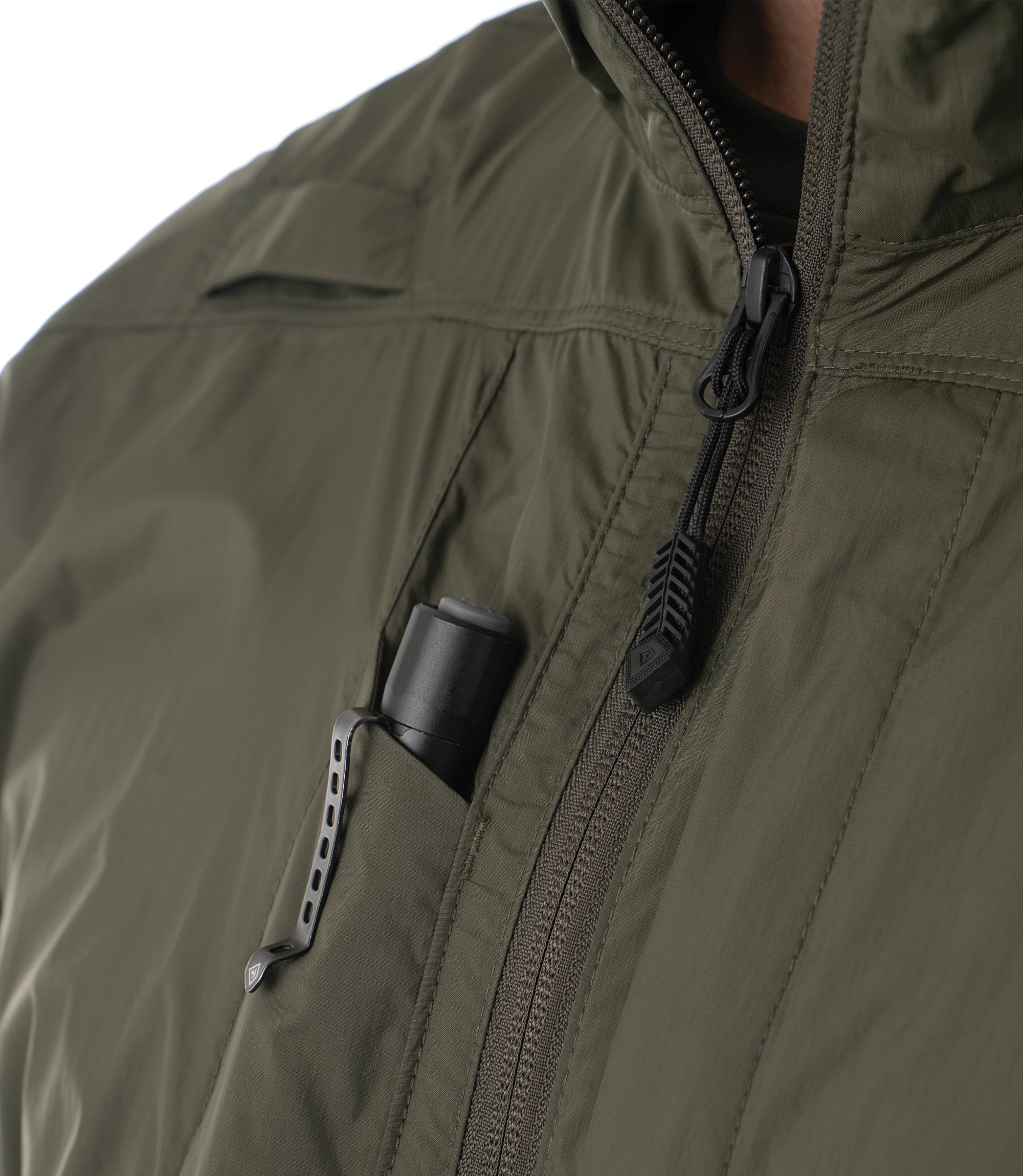 Closeup Pen Pocket of Men's Pack-It Jacket in OD Green |color_od green