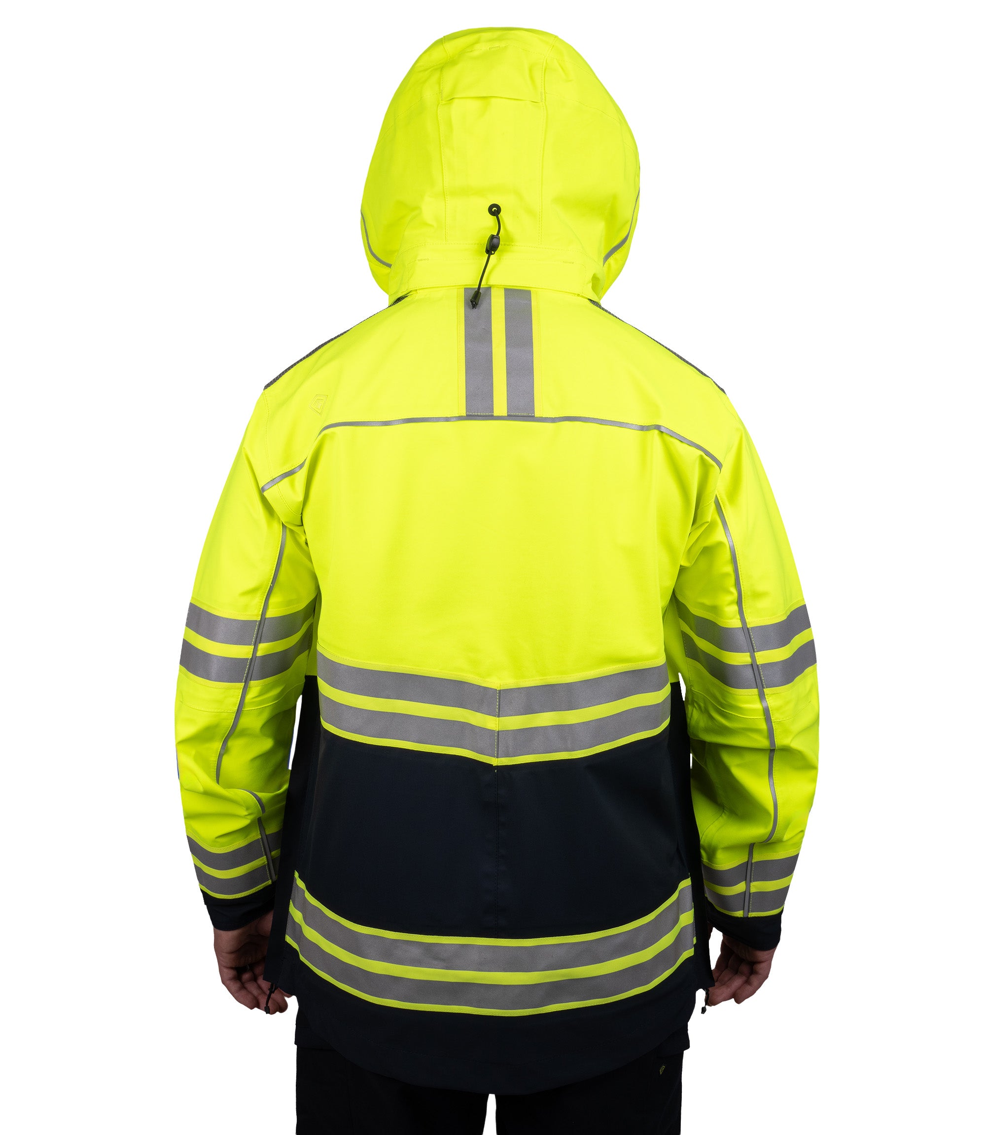 Hood up back view of the Men's Tactix Hi-Vis Parka Outer Shell in color Midnight Navy|color_midnight navy