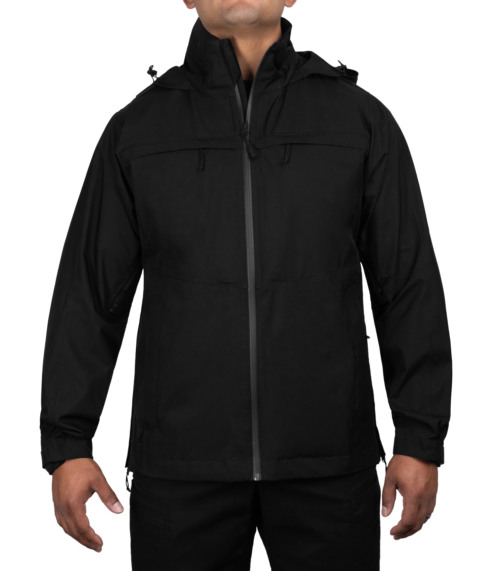 Front view with attached hoodie of the Monsoon Parka in color black |color_black